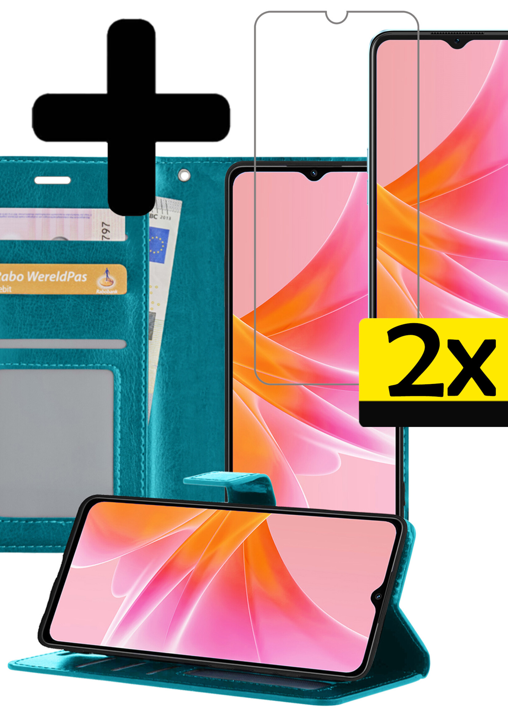 LUQ Hoesje Geschikt voor OPPO A57 Hoesje Book Case Hoes Wallet Cover Met 2x Screenprotector - Hoes Geschikt voor OPPO A57 Hoesje Bookcase Hoes - Turquoise