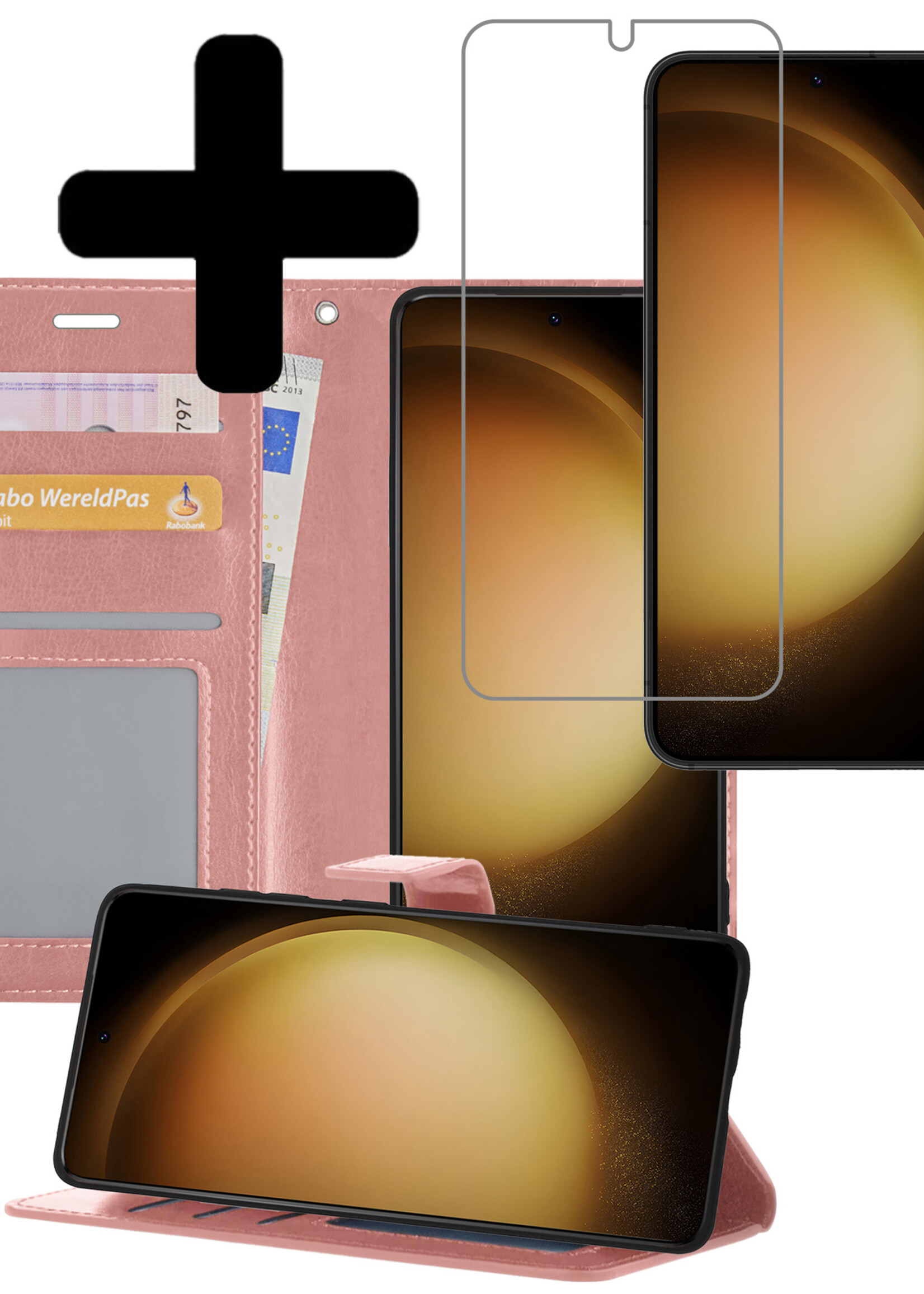 LUQ Hoesje Geschikt voor Samsung S23 Plus Hoesje Book Case Hoes Wallet Cover Met Screenprotector - Hoes Geschikt voor Samsung Galaxy S23 Plus Hoesje Bookcase Hoes - Rosé goud