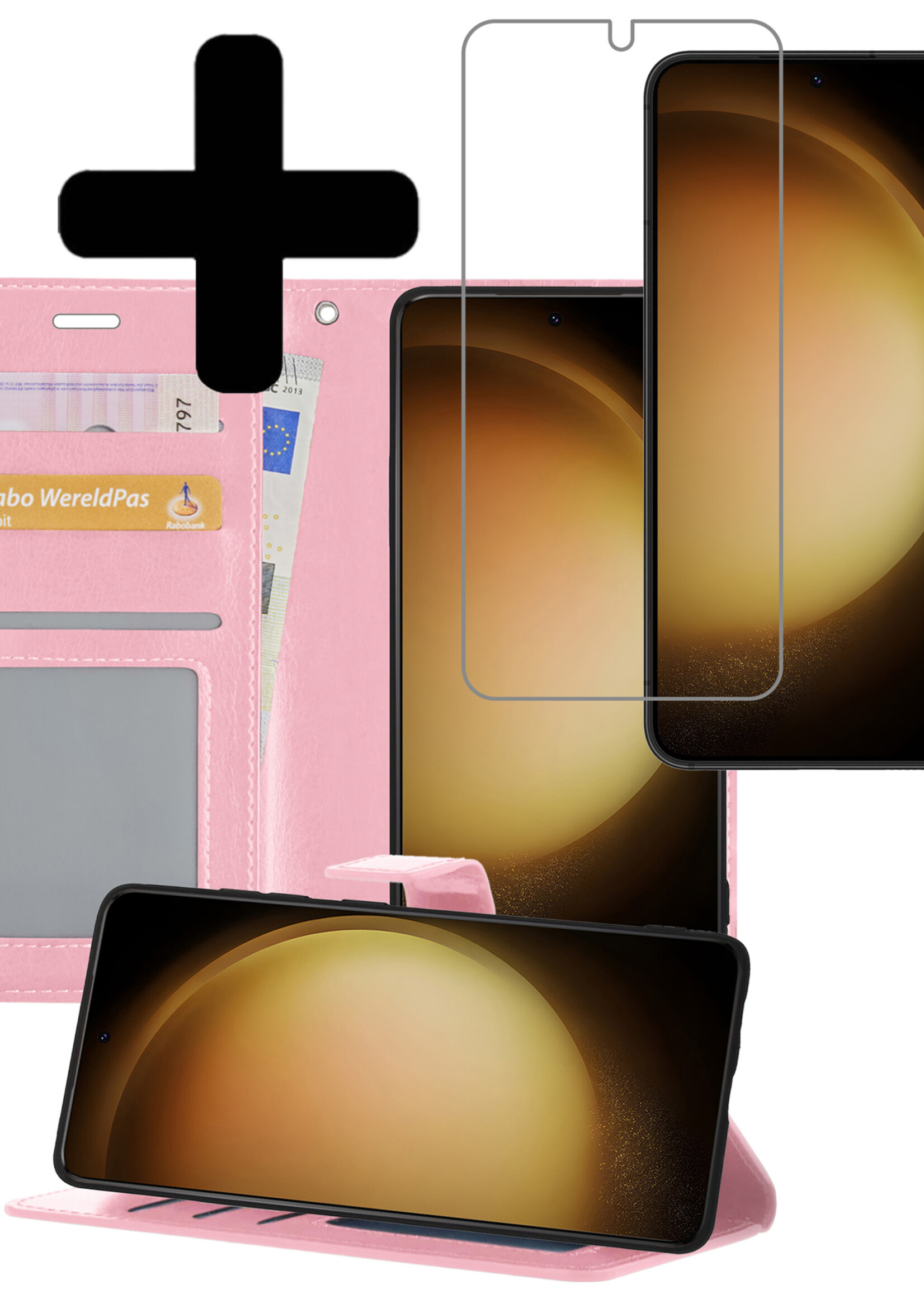 LUQ Hoesje Geschikt voor Samsung S23 Plus Hoesje Book Case Hoes Wallet Cover Met Screenprotector - Hoes Geschikt voor Samsung Galaxy S23 Plus Hoesje Bookcase Hoes - Lichtroze