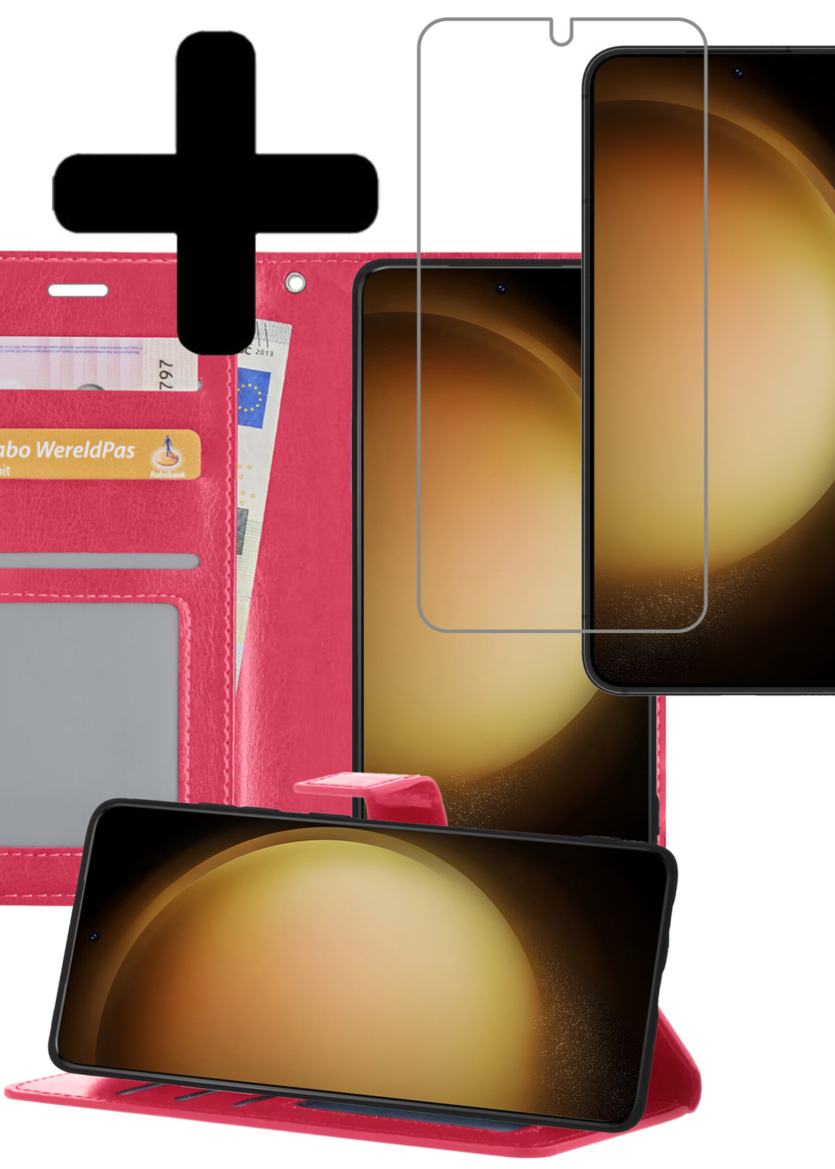 LUQ Hoesje Geschikt voor Samsung S23 Plus Hoesje Book Case Hoes Wallet Cover Met Screenprotector - Hoes Geschikt voor Samsung Galaxy S23 Plus Hoesje Bookcase Hoes - Donkerroze