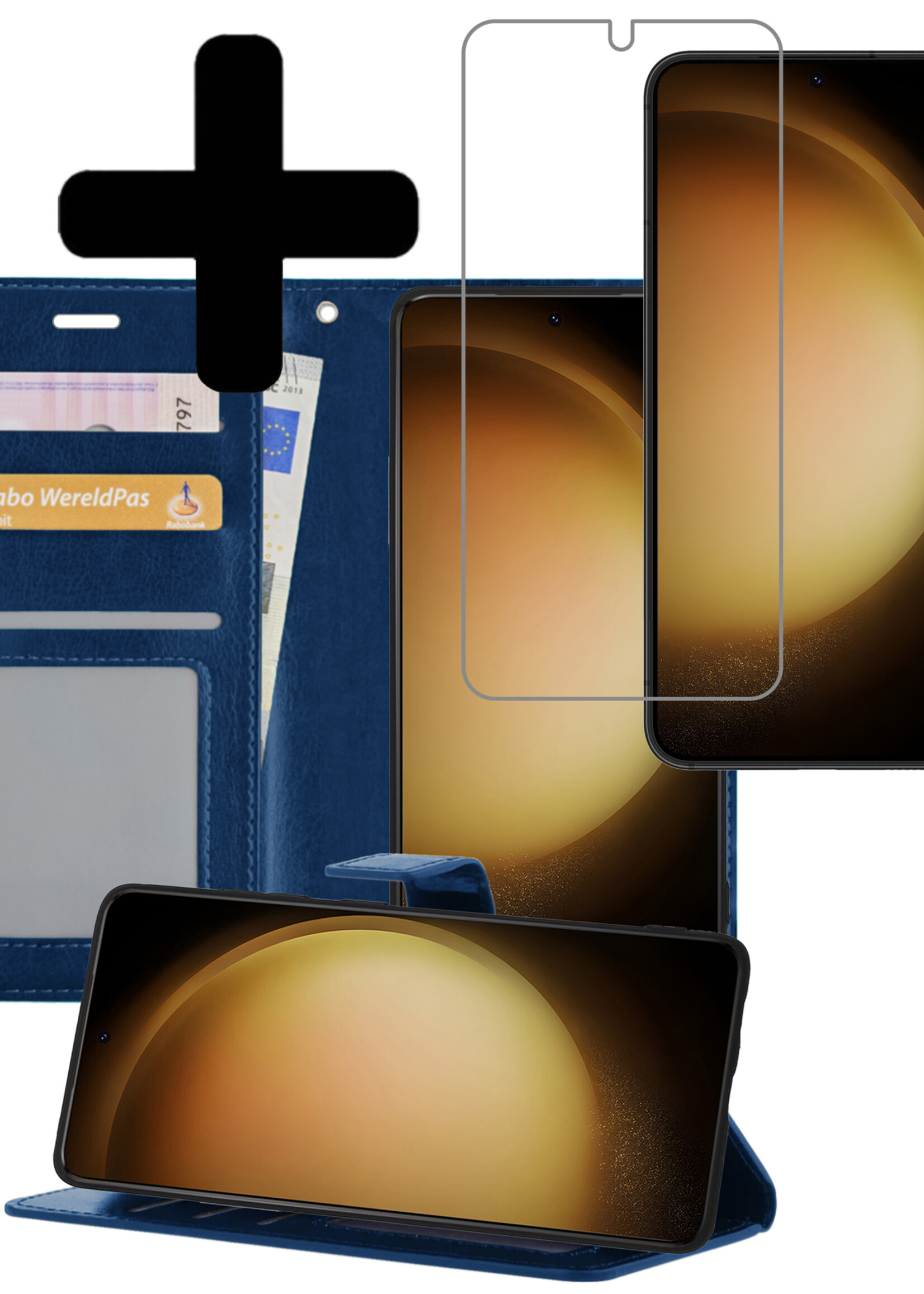 LUQ Hoesje Geschikt voor Samsung S23 Plus Hoesje Book Case Hoes Wallet Cover Met Screenprotector - Hoes Geschikt voor Samsung Galaxy S23 Plus Hoesje Bookcase Hoes - Donkerblauw