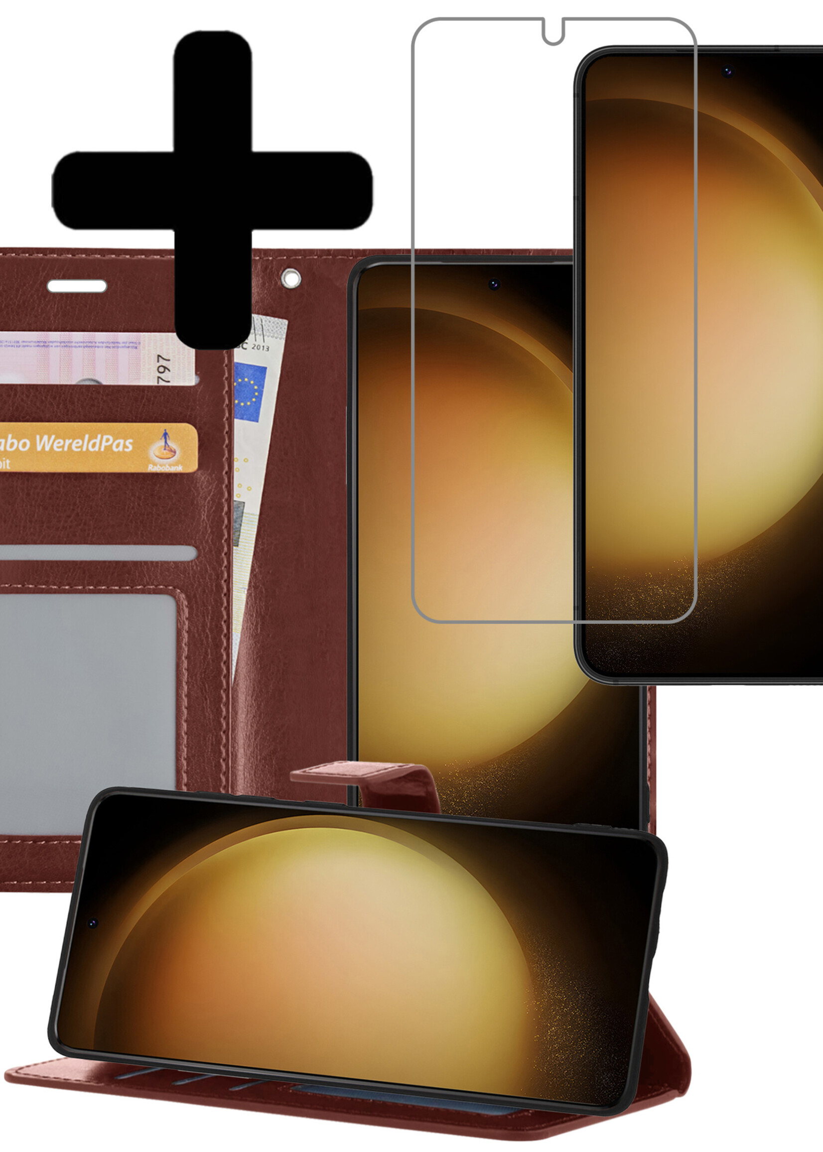 LUQ Hoesje Geschikt voor Samsung S23 Plus Hoesje Book Case Hoes Wallet Cover Met Screenprotector - Hoes Geschikt voor Samsung Galaxy S23 Plus Hoesje Bookcase Hoes - Bruin