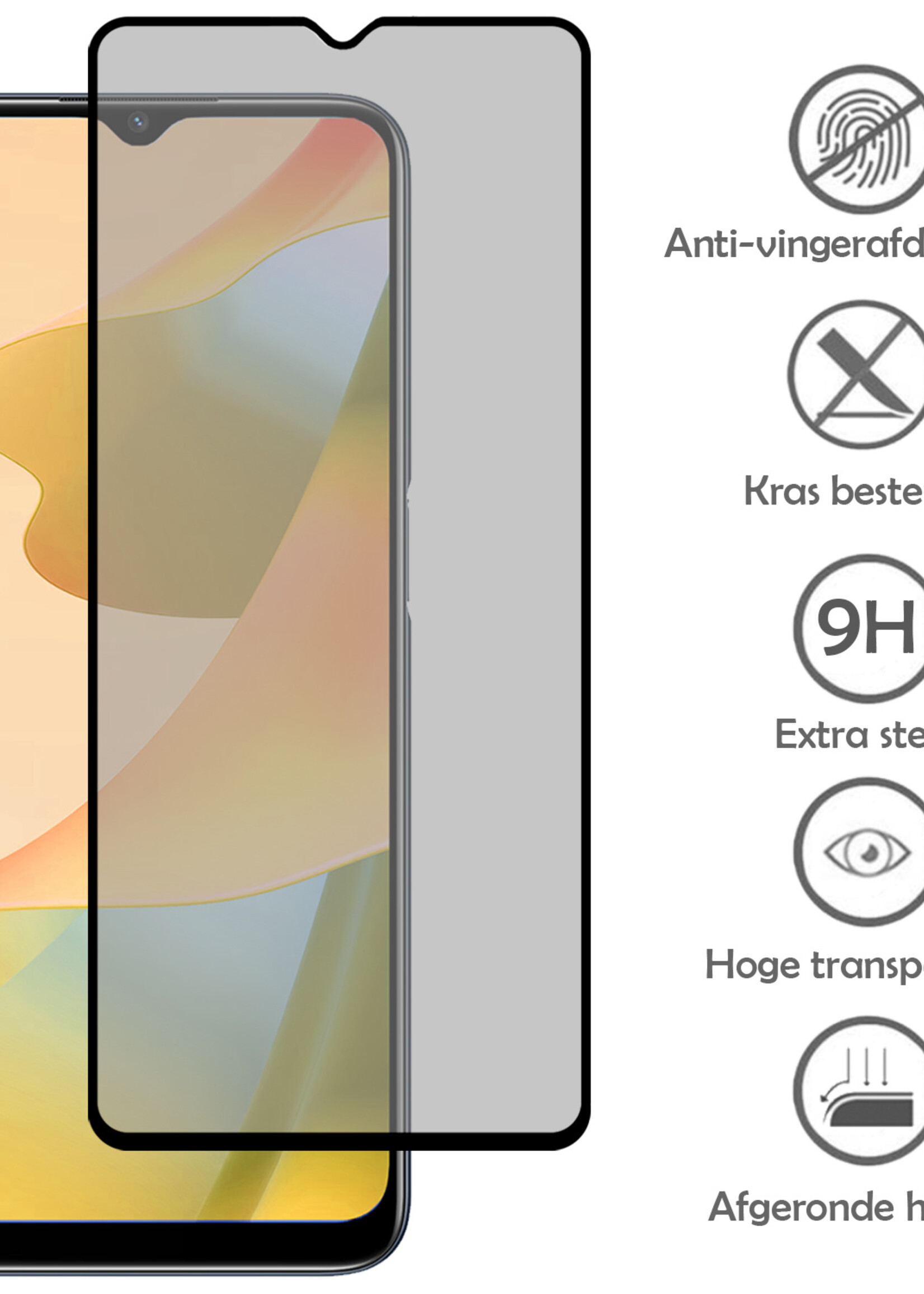 LUQ Screenprotector Geschikt voor OPPO A16 Privacy Screenprotector Bescherm Glas - Privacy Screenprotector Geschikt voor OPPO A16 Screenprotector Glas - 2 Stuks