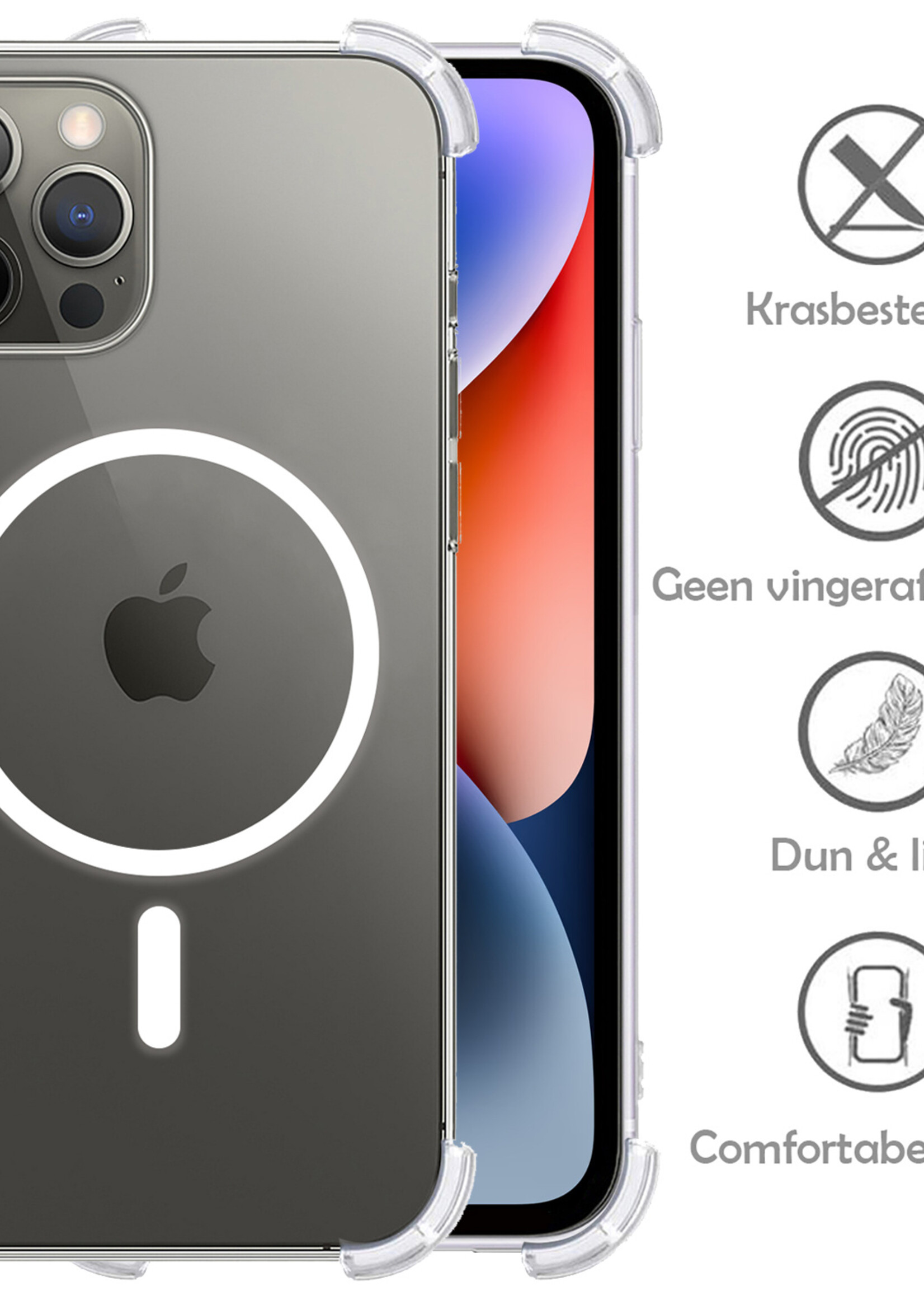 LUQ Hoesje Geschikt voor iPhone 14 Pro Max Hoesje Geschikt voor Magsafe Siliconen Shock Proof Case Met Screenprotector - Transparant