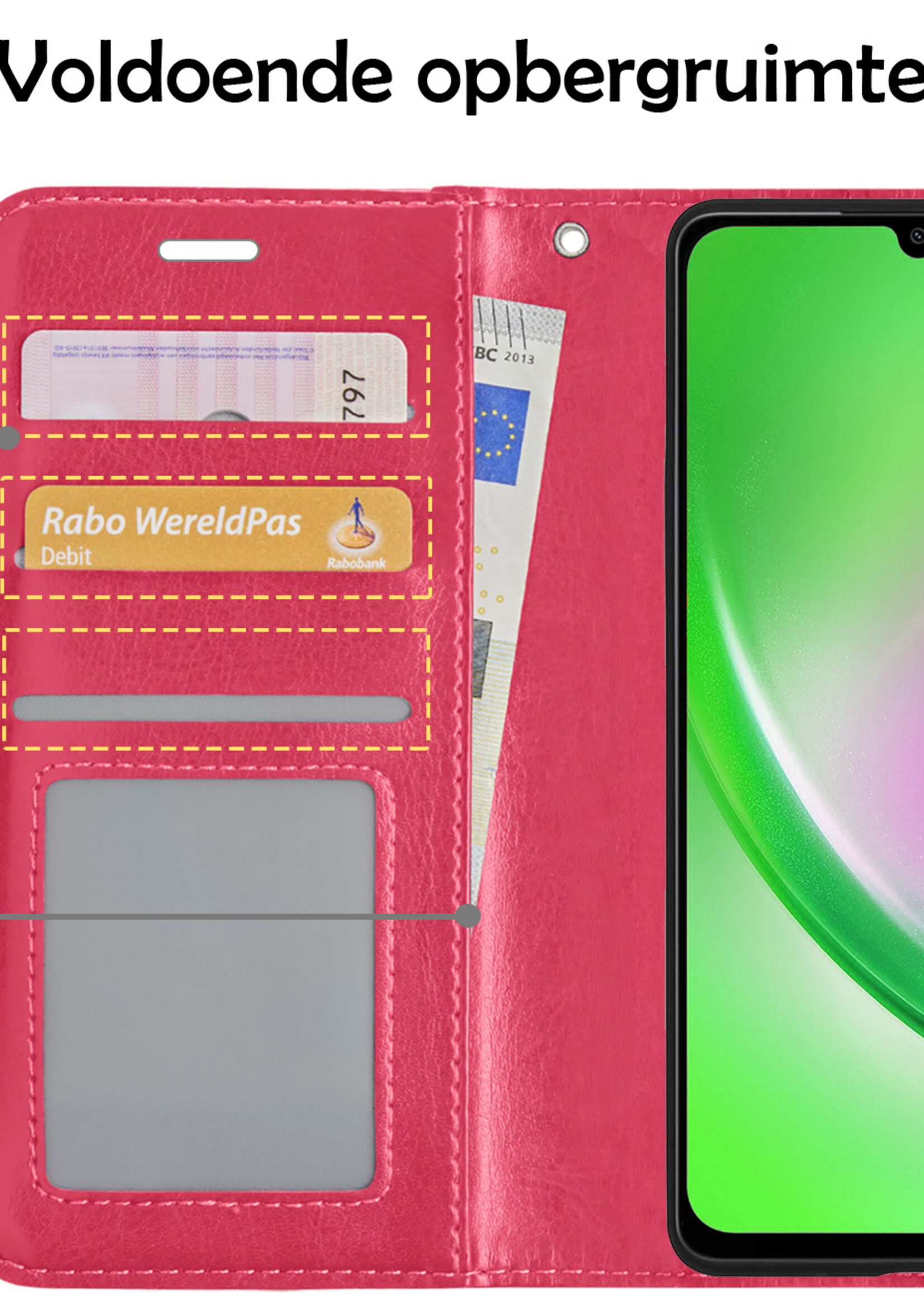 LUQ Hoesje Geschikt voor Samsung A34 Hoesje Book Case Hoes Wallet Cover Met 2x Screenprotector - Hoes Geschikt voor Samsung Galaxy A34 Hoesje Bookcase Hoes - Donkerroze