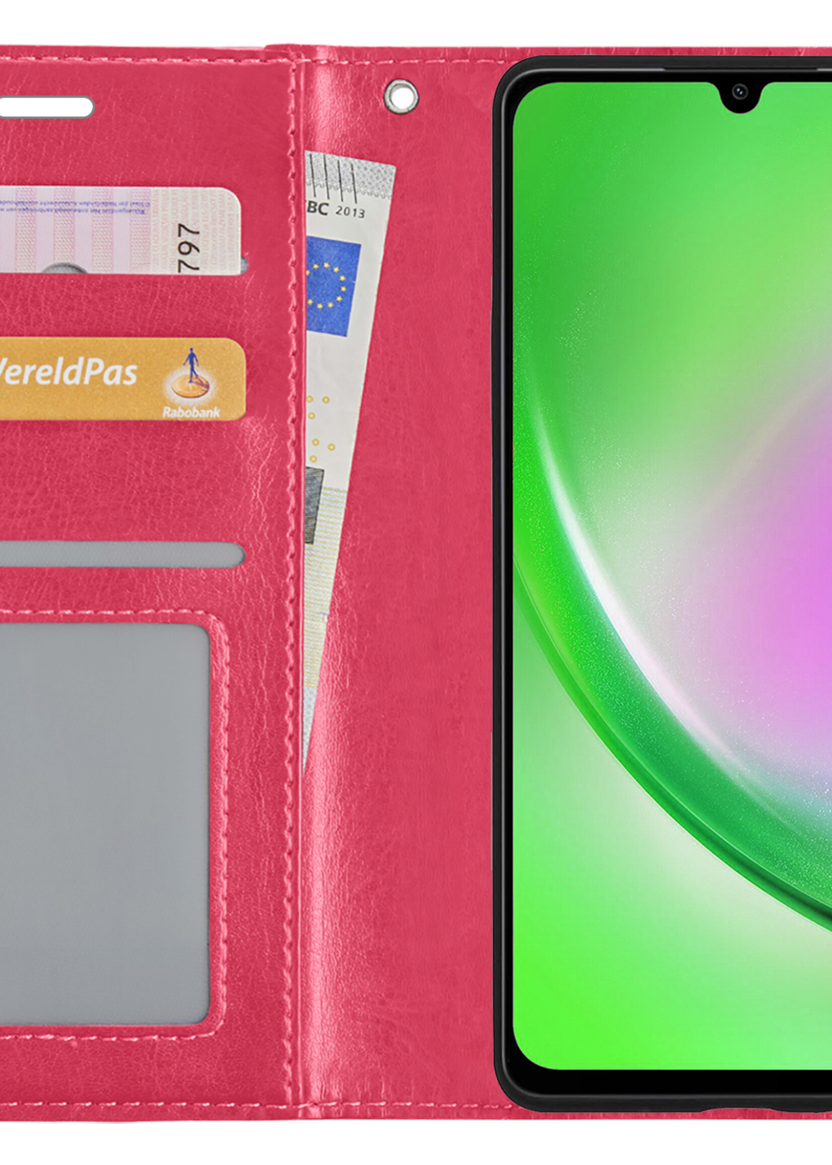 LUQ Hoesje Geschikt voor Samsung A34 Hoesje Book Case Hoes Wallet Cover Met 2x Screenprotector - Hoes Geschikt voor Samsung Galaxy A34 Hoesje Bookcase Hoes - Donkerroze