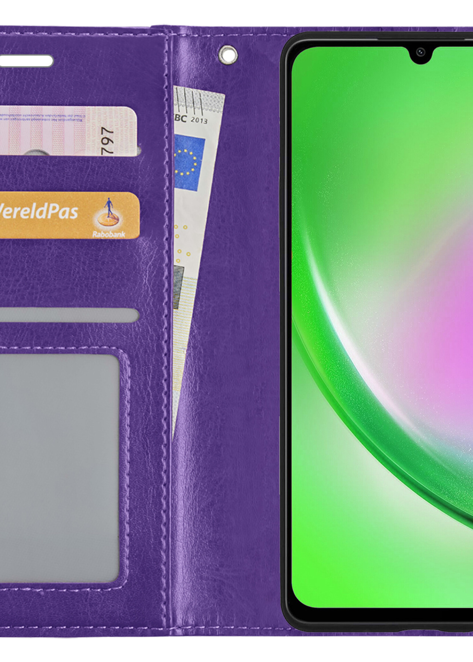 LUQ Hoesje Geschikt voor Samsung A34 Hoesje Book Case Hoes Wallet Cover Met 2x Screenprotector - Hoes Geschikt voor Samsung Galaxy A34 Hoesje Bookcase Hoes - Paars