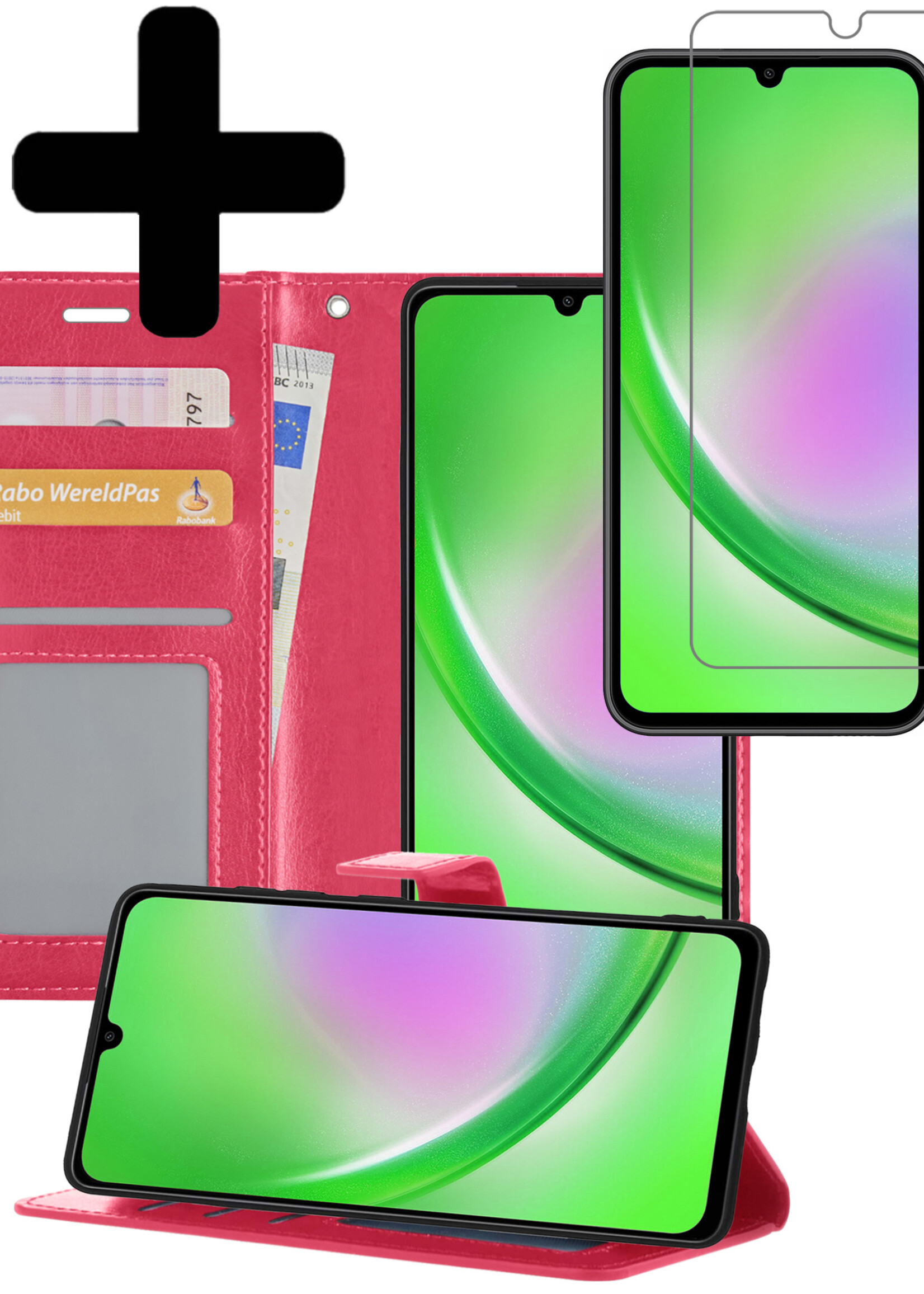 LUQ Hoesje Geschikt voor Samsung A34 Hoesje Book Case Hoes Wallet Cover Met Screenprotector - Hoes Geschikt voor Samsung Galaxy A34 Hoesje Bookcase Hoes - Donkerroze