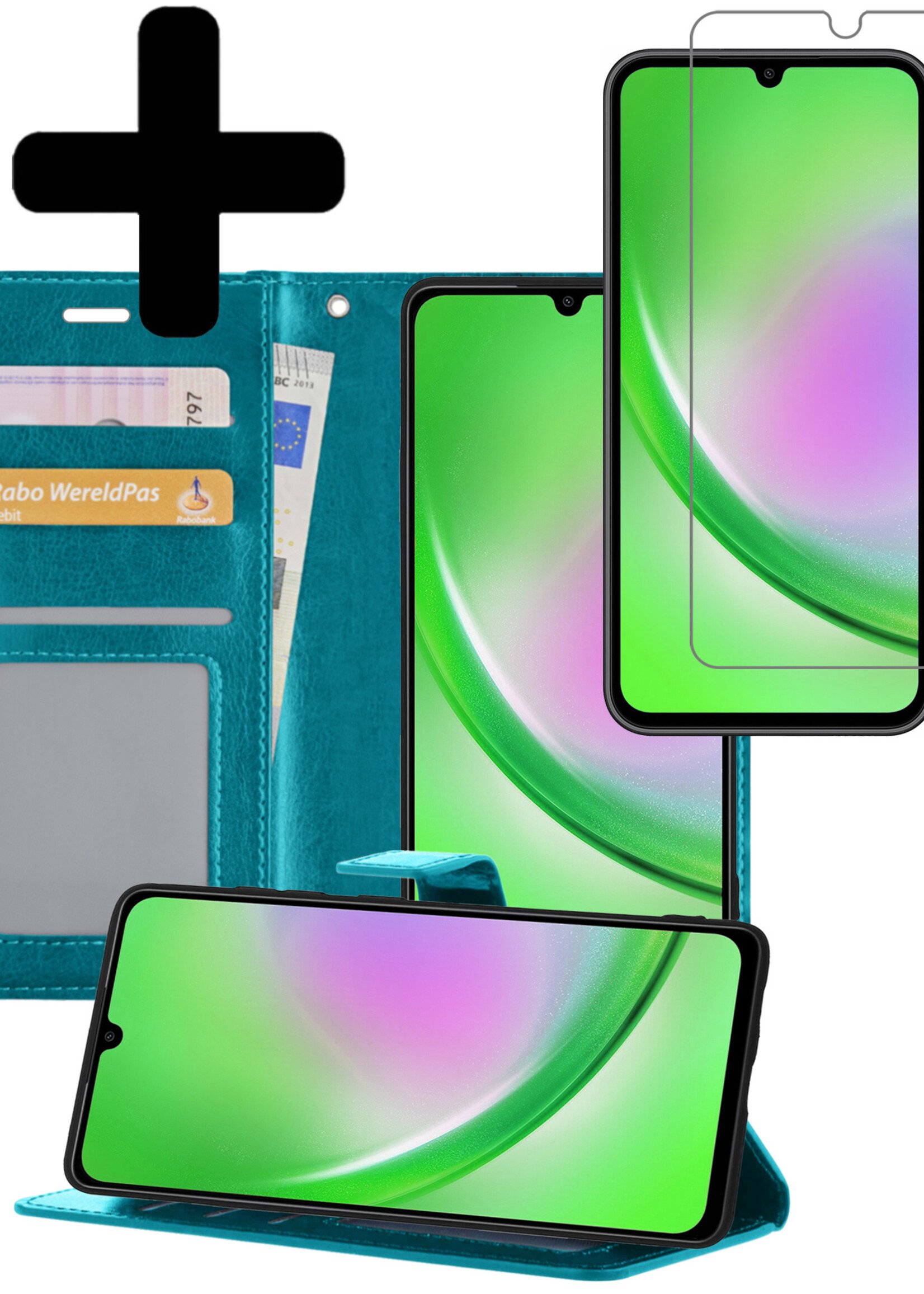 LUQ Hoesje Geschikt voor Samsung A34 Hoesje Book Case Hoes Wallet Cover Met Screenprotector - Hoes Geschikt voor Samsung Galaxy A34 Hoesje Bookcase Hoes - Turquoise