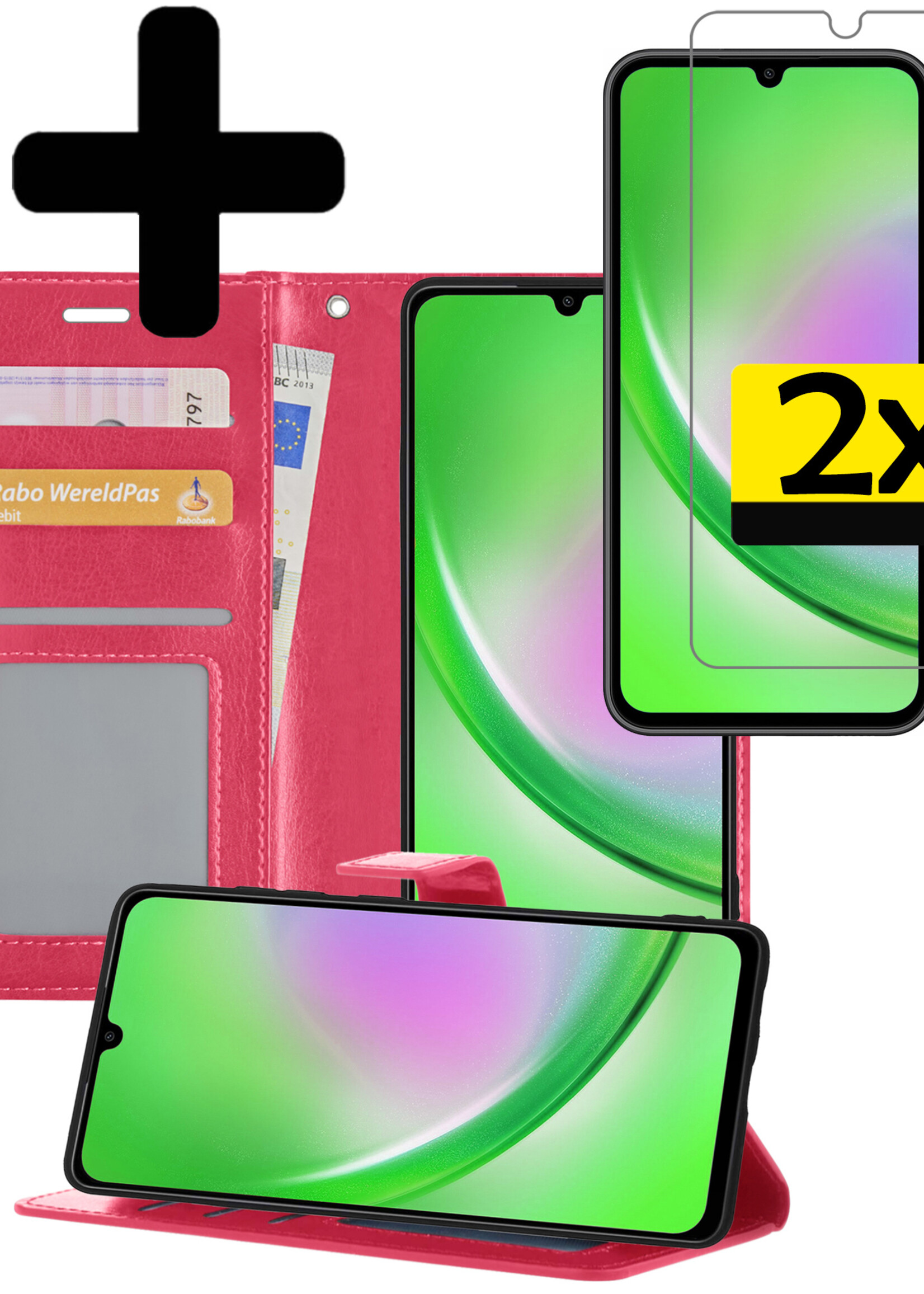 LUQ Hoesje Geschikt voor Samsung A34 Hoesje Book Case Hoes Wallet Cover Met 2x Screenprotector - Hoes Geschikt voor Samsung Galaxy A34 Hoesje Bookcase Hoes - Donkerroze