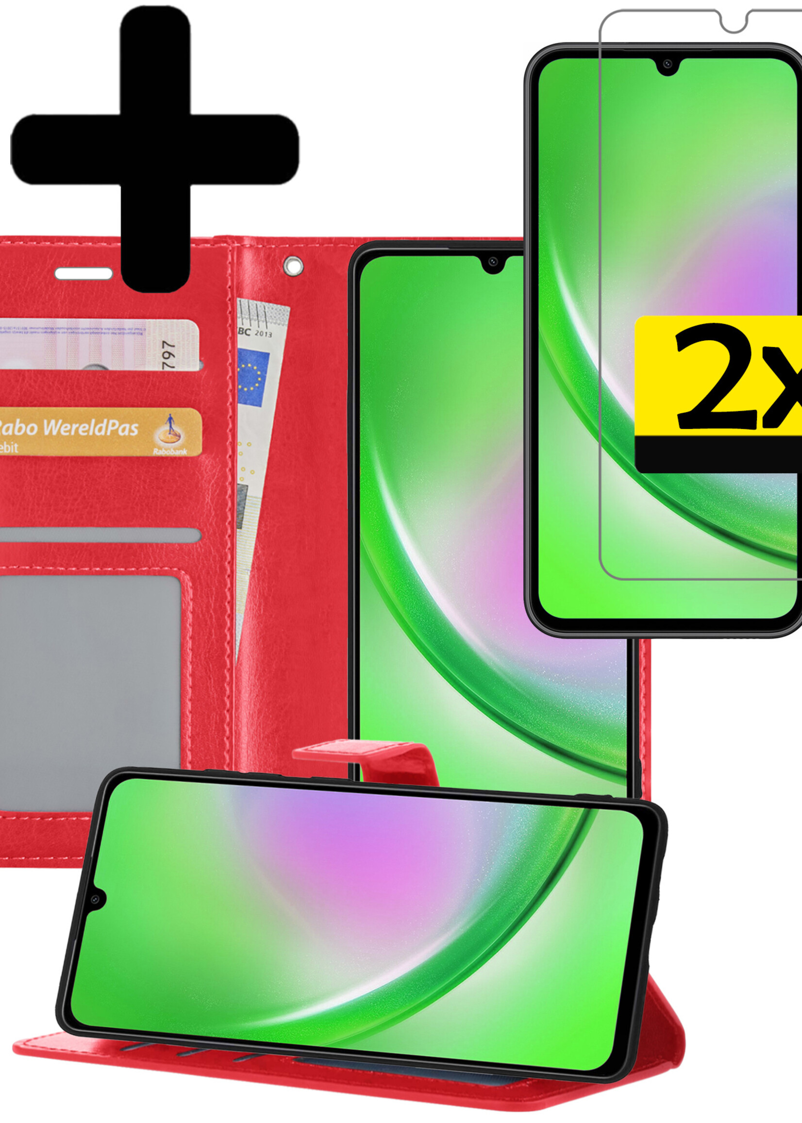 LUQ Hoesje Geschikt voor Samsung A34 Hoesje Book Case Hoes Wallet Cover Met 2x Screenprotector - Hoes Geschikt voor Samsung Galaxy A34 Hoesje Bookcase Hoes - Rood