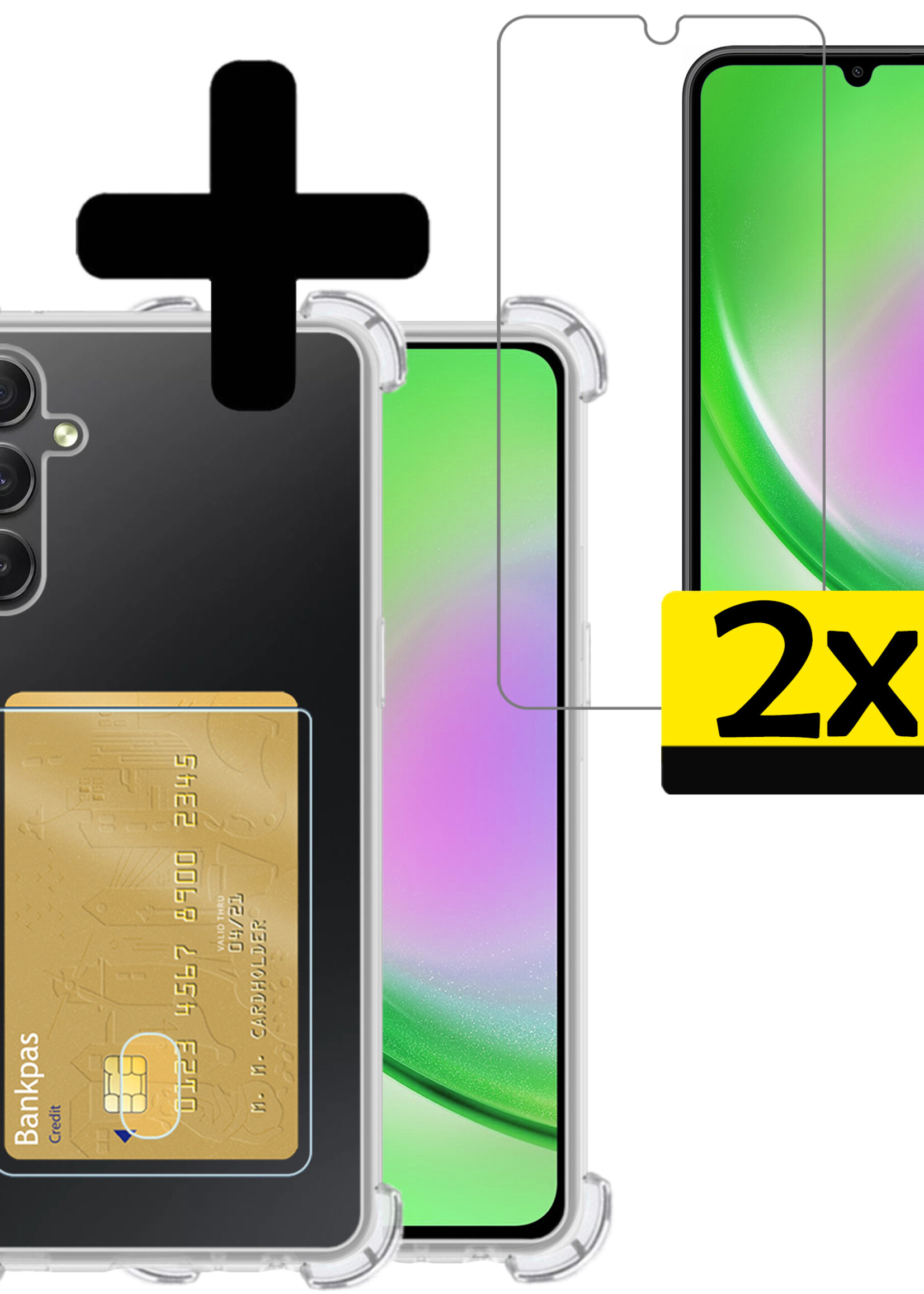 LUQ Hoesje Geschikt voor Samsung A34 Hoesje Case Pashouder Cover Siliconen Met 2x Screenprotector - Hoes Geschikt voor Samsung Galaxy A34 Hoesje Met Kaarthouder- Transparant
