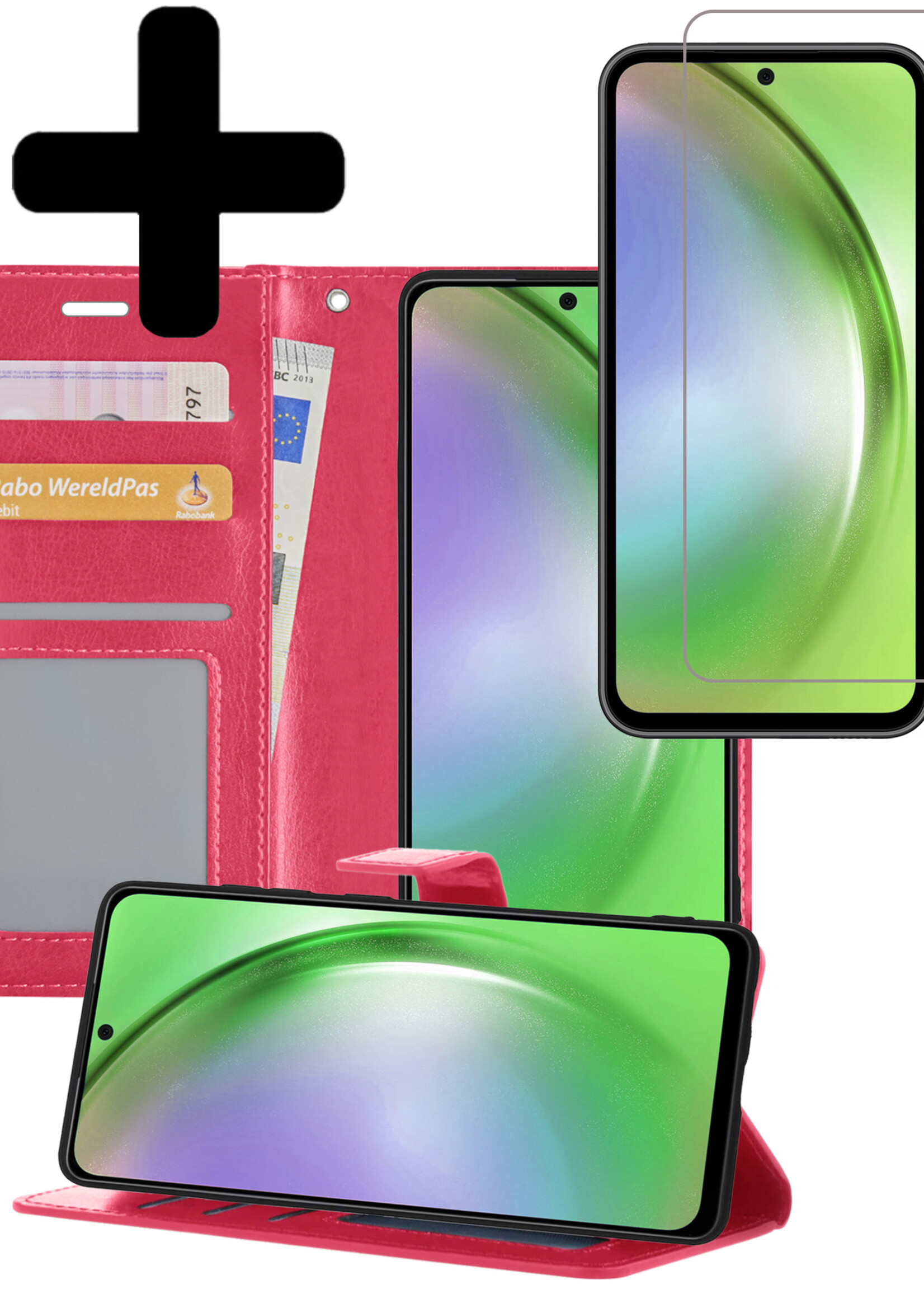 LUQ Hoesje Geschikt voor Samsung A54 Hoesje Book Case Hoes Wallet Cover Met Screenprotector - Hoes Geschikt voor Samsung Galaxy A54 Hoesje Bookcase Hoes - Donkerroze