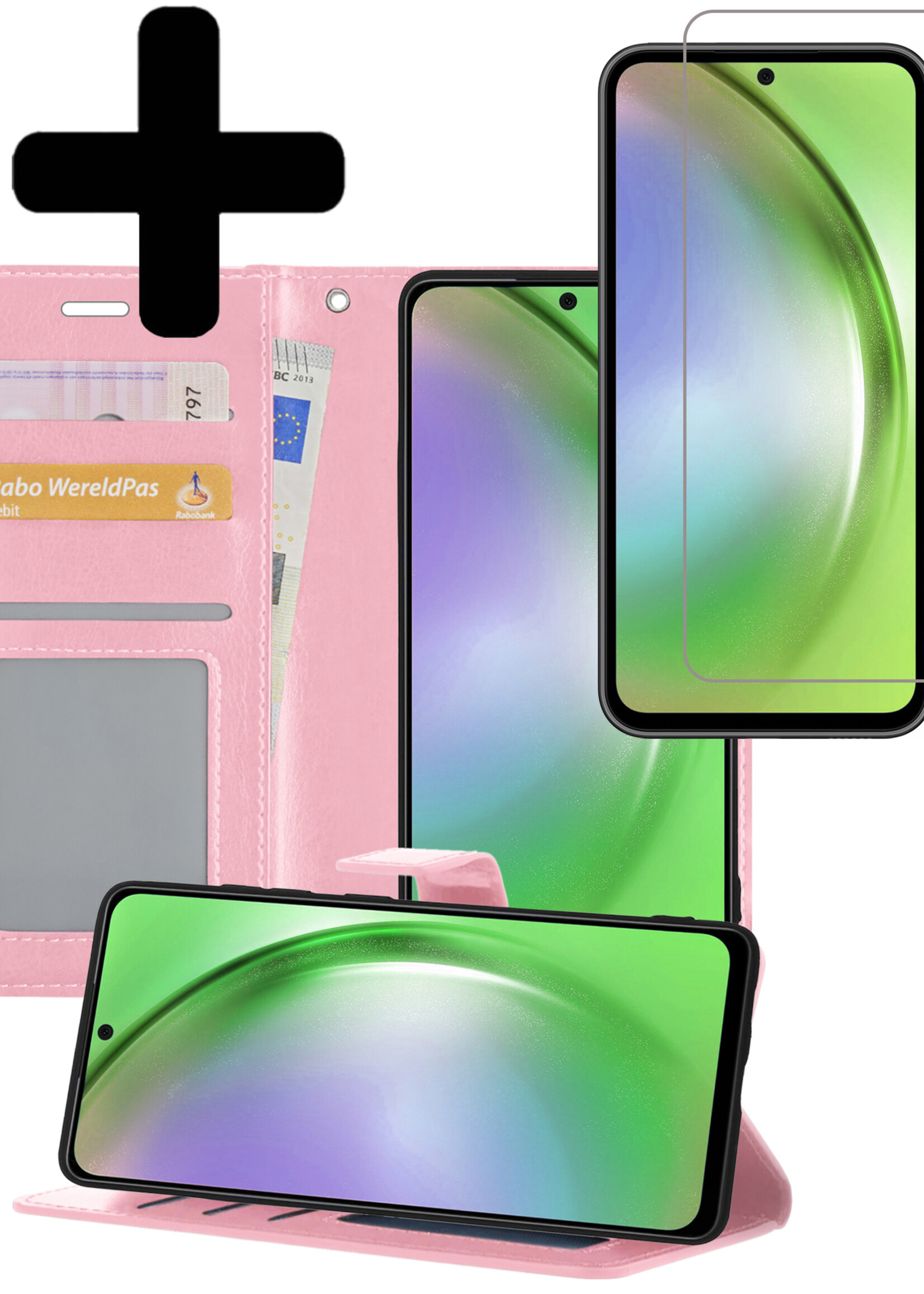 LUQ Hoesje Geschikt voor Samsung A54 Hoesje Book Case Hoes Wallet Cover Met Screenprotector - Hoes Geschikt voor Samsung Galaxy A54 Hoesje Bookcase Hoes - Lichtroze
