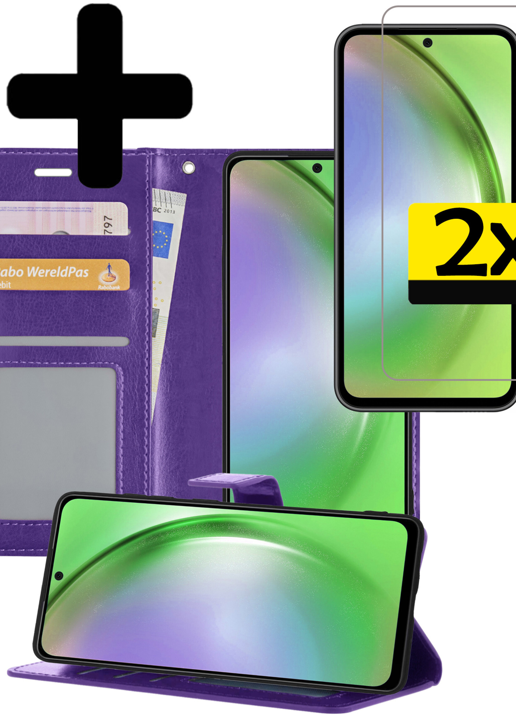 LUQ Hoesje Geschikt voor Samsung A54 Hoesje Book Case Hoes Wallet Cover Met 2x Screenprotector - Hoes Geschikt voor Samsung Galaxy A54 Hoesje Bookcase Hoes - Paars