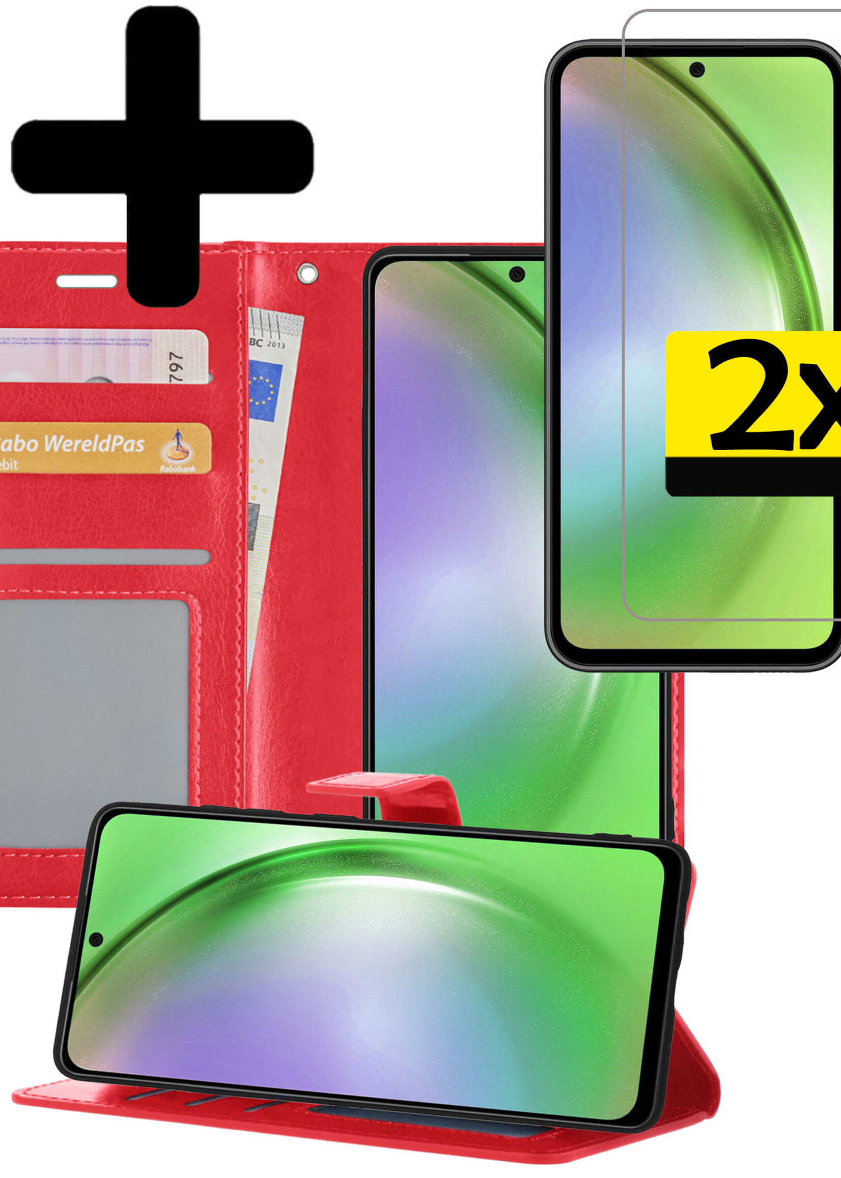 LUQ Hoesje Geschikt voor Samsung A54 Hoesje Book Case Hoes Wallet Cover Met 2x Screenprotector - Hoes Geschikt voor Samsung Galaxy A54 Hoesje Bookcase Hoes - Rood