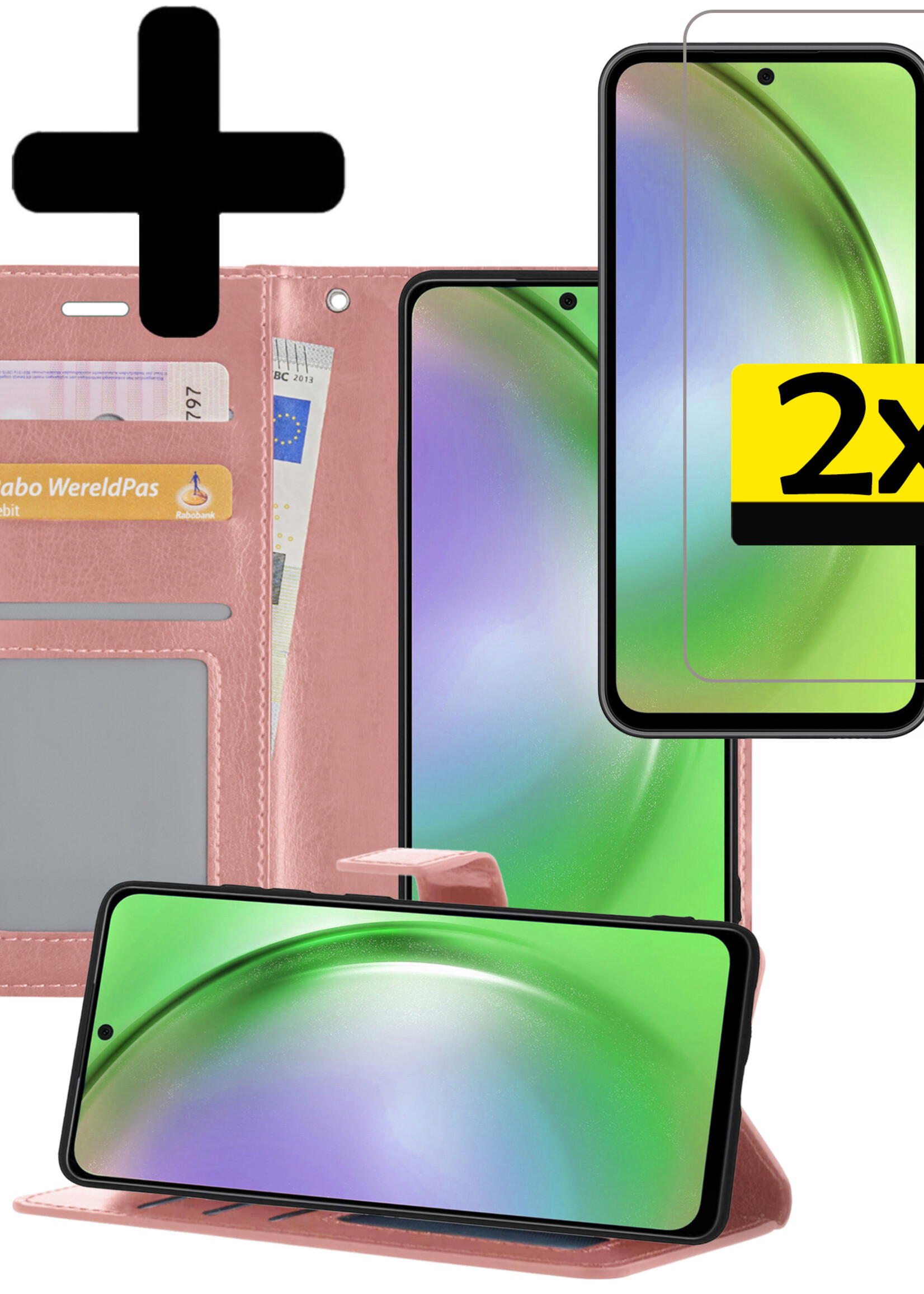 LUQ Hoesje Geschikt voor Samsung A54 Hoesje Book Case Hoes Wallet Cover Met 2x Screenprotector - Hoes Geschikt voor Samsung Galaxy A54 Hoesje Bookcase Hoes - Rosé goud