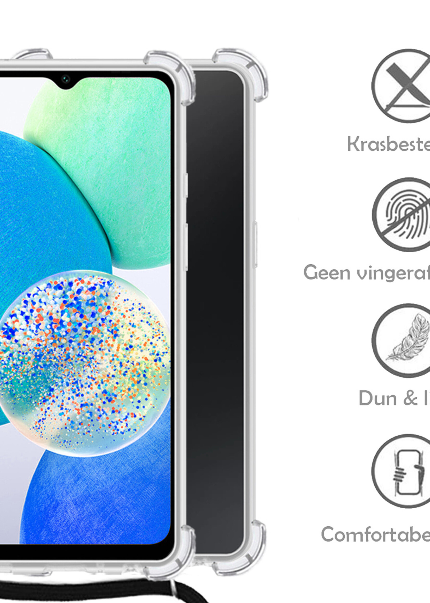 LUQ Hoesje Geschikt voor Samsung A14 Hoesje Shockproof Case Siliconen Hoes Met Koord - Transparant