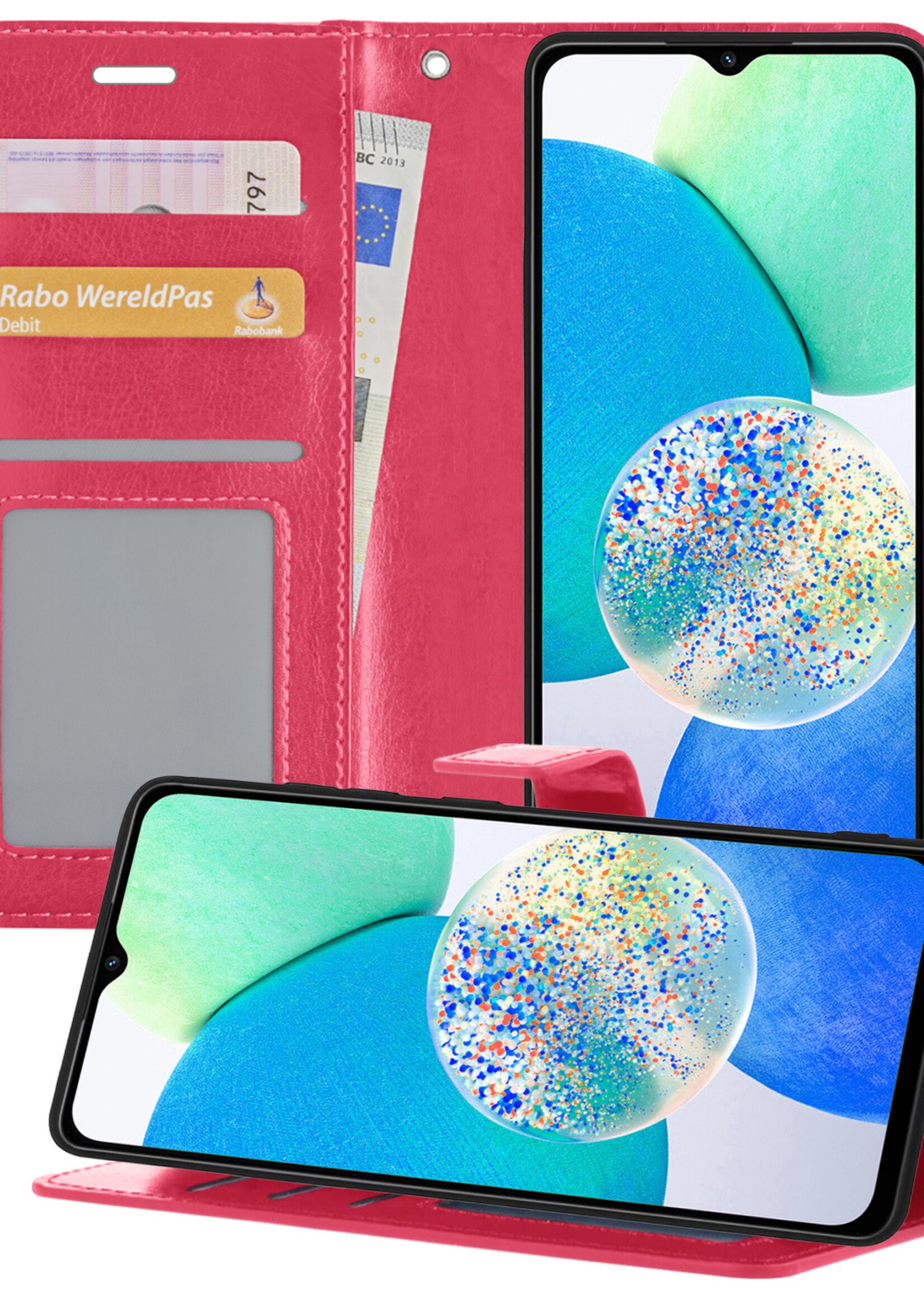 LUQ Hoesje Geschikt voor Samsung A14 Hoesje Book Case Hoes Wallet Cover - Hoes Geschikt voor Samsung Galaxy A14 Hoesje Bookcase Hoes - Donkerroze