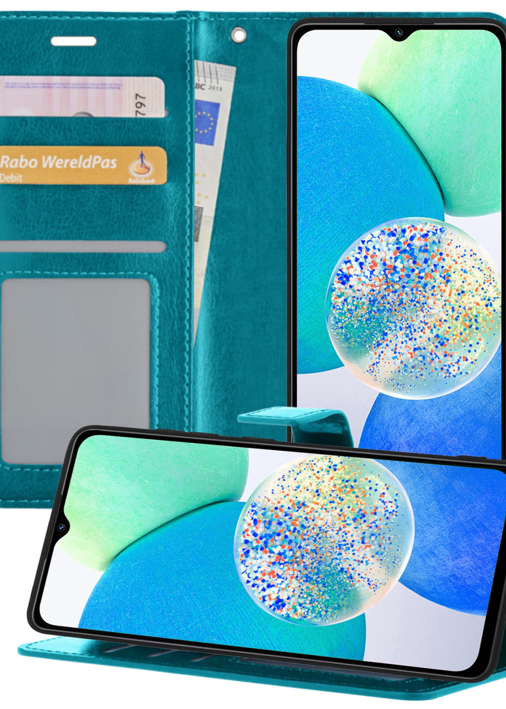 LUQ Hoesje Geschikt voor Samsung A14 Hoesje Book Case Hoes Wallet Cover - Hoes Geschikt voor Samsung Galaxy A14 Hoesje Bookcase Hoes - Turquoise