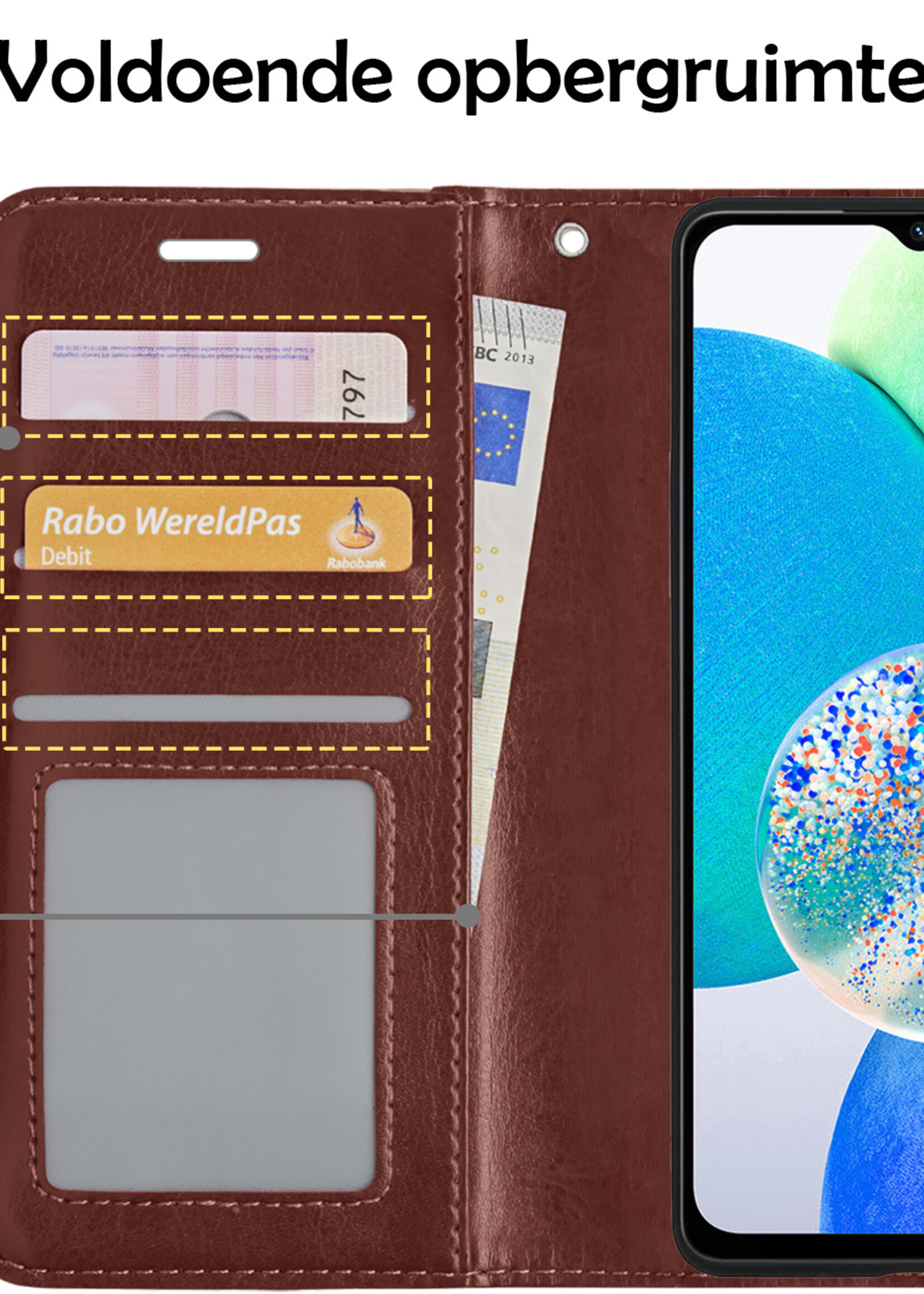 LUQ Hoesje Geschikt voor Samsung A14 Hoesje Book Case Hoes Wallet Cover Met Screenprotector - Hoes Geschikt voor Samsung Galaxy A14 Hoesje Bookcase Hoes - Bruin