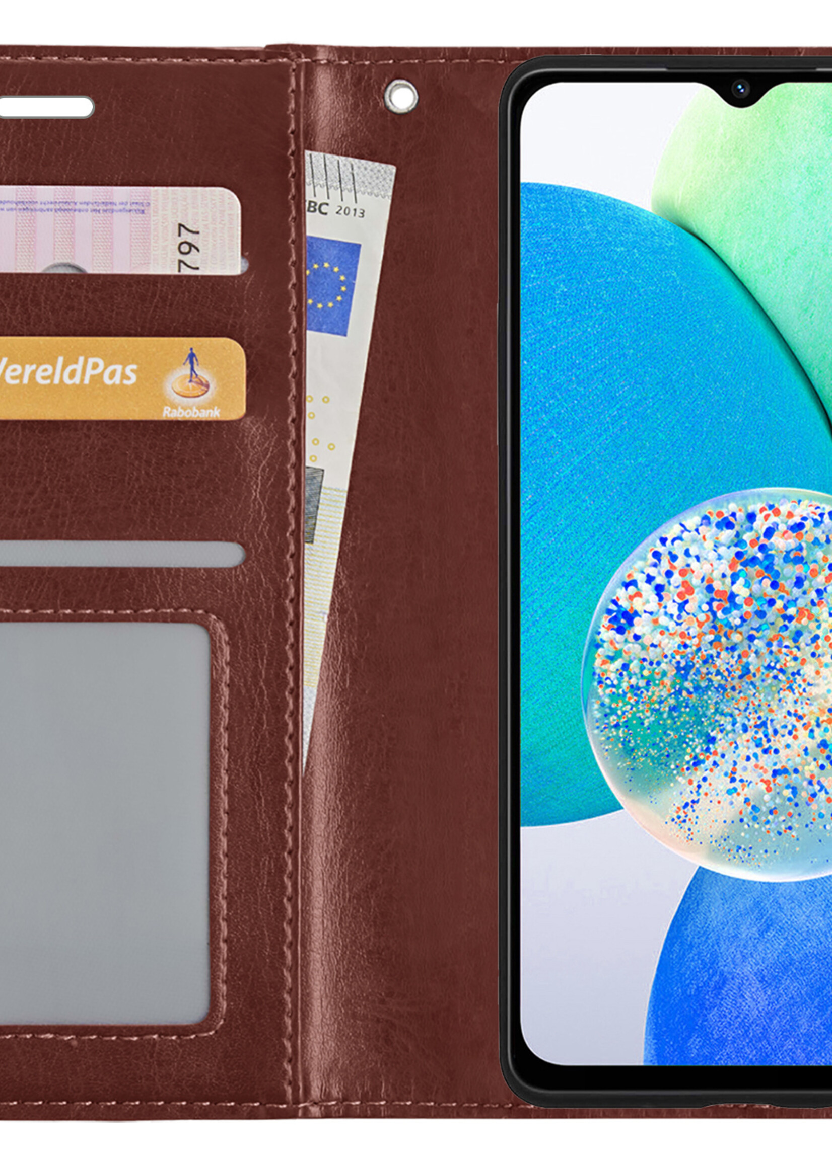 LUQ Hoesje Geschikt voor Samsung A14 Hoesje Book Case Hoes Wallet Cover Met Screenprotector - Hoes Geschikt voor Samsung Galaxy A14 Hoesje Bookcase Hoes - Bruin