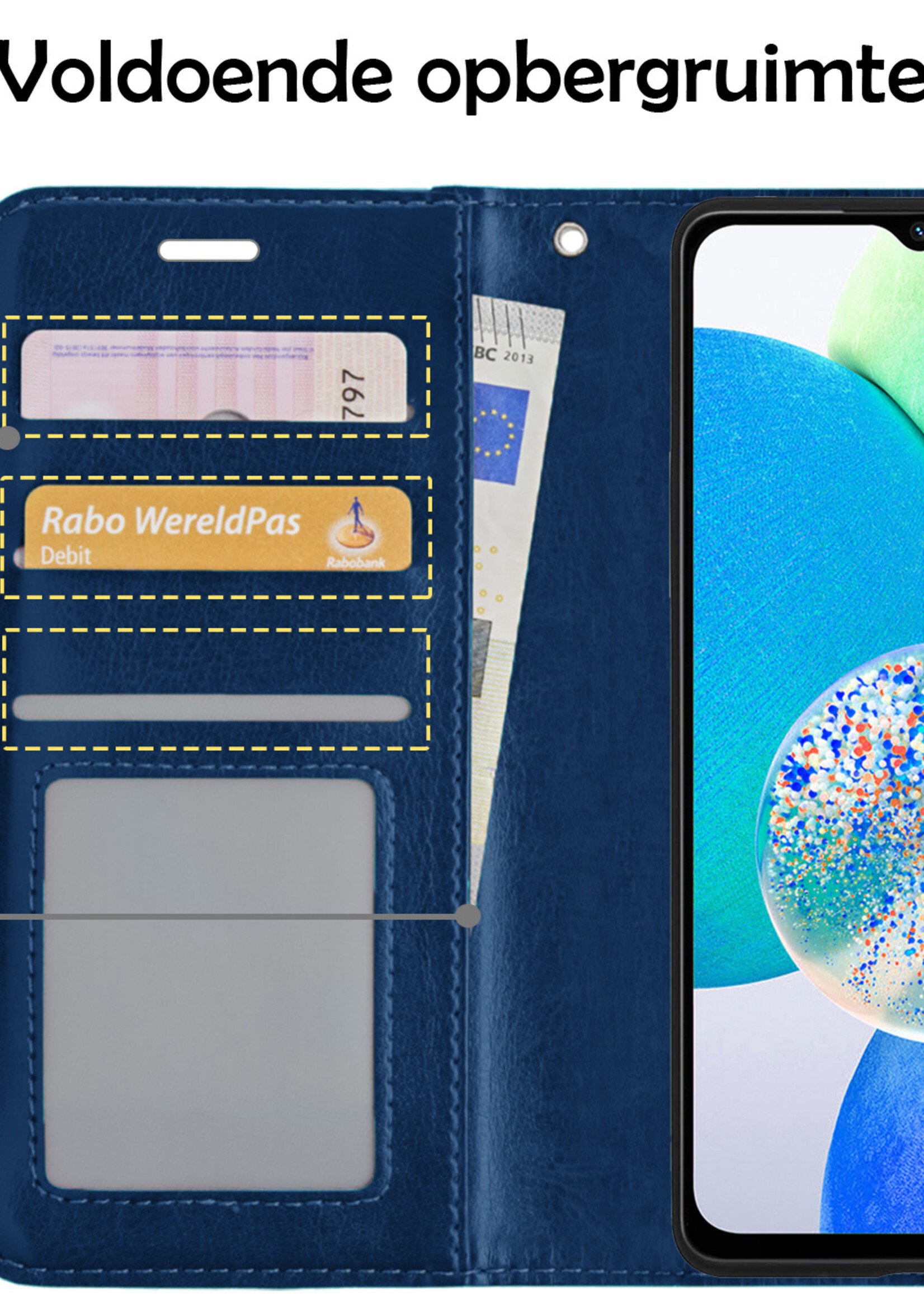 LUQ Hoesje Geschikt voor Samsung A14 Hoesje Book Case Hoes Wallet Cover Met Screenprotector - Hoes Geschikt voor Samsung Galaxy A14 Hoesje Bookcase Hoes - Donkerblauw