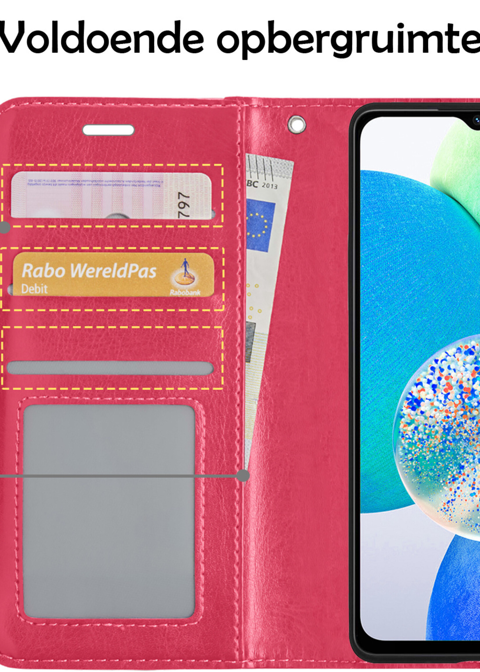 LUQ Hoesje Geschikt voor Samsung A14 Hoesje Book Case Hoes Wallet Cover Met Screenprotector - Hoes Geschikt voor Samsung Galaxy A14 Hoesje Bookcase Hoes - Donkerroze