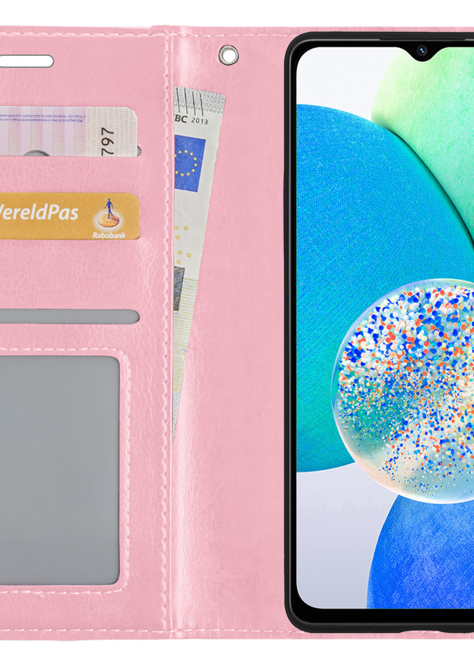 LUQ Hoesje Geschikt voor Samsung A14 Hoesje Book Case Hoes Wallet Cover Met Screenprotector - Hoes Geschikt voor Samsung Galaxy A14 Hoesje Bookcase Hoes - Lichtroze