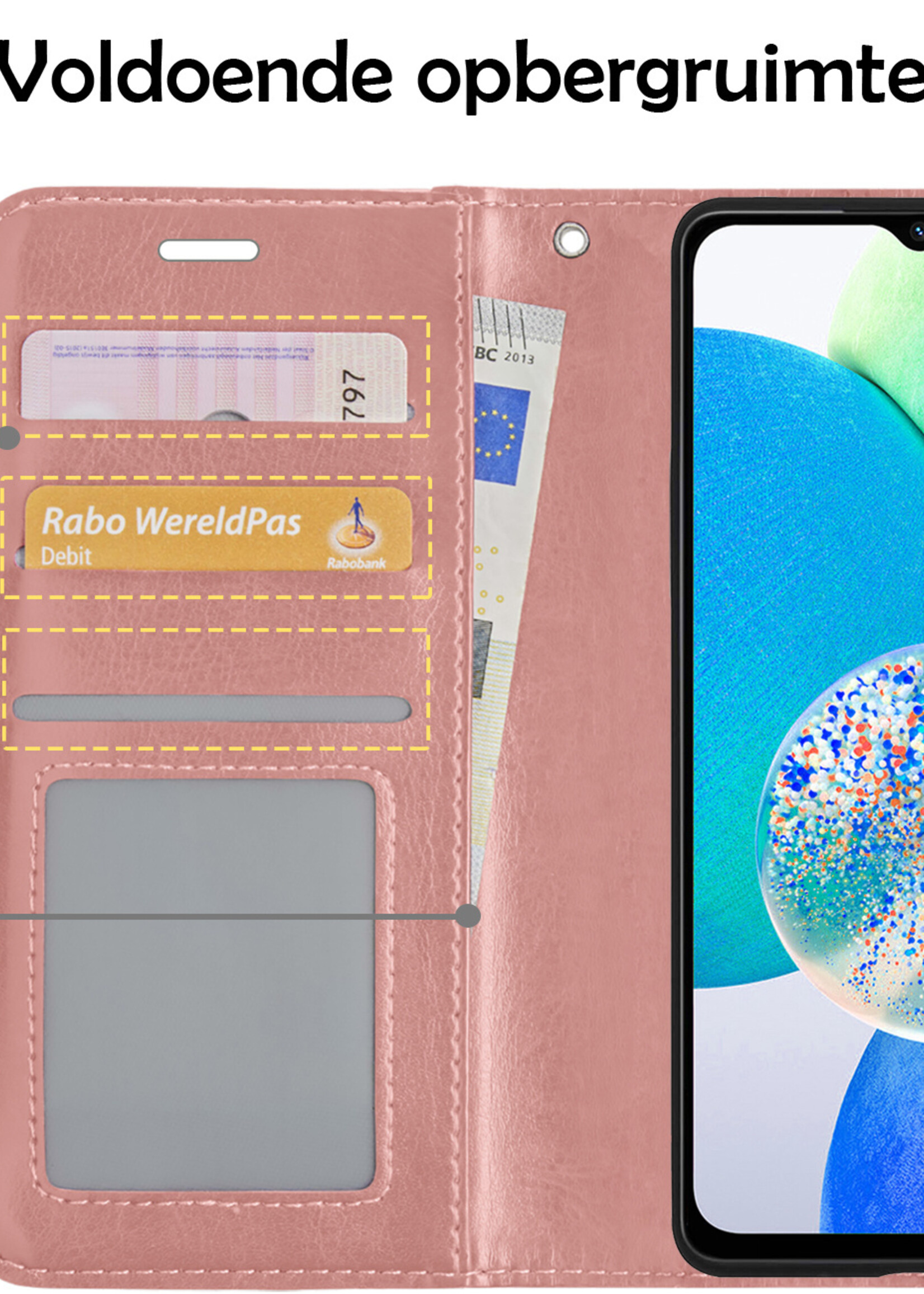 LUQ Hoesje Geschikt voor Samsung A14 Hoesje Book Case Hoes Wallet Cover Met Screenprotector - Hoes Geschikt voor Samsung Galaxy A14 Hoesje Bookcase Hoes - Rosé goud