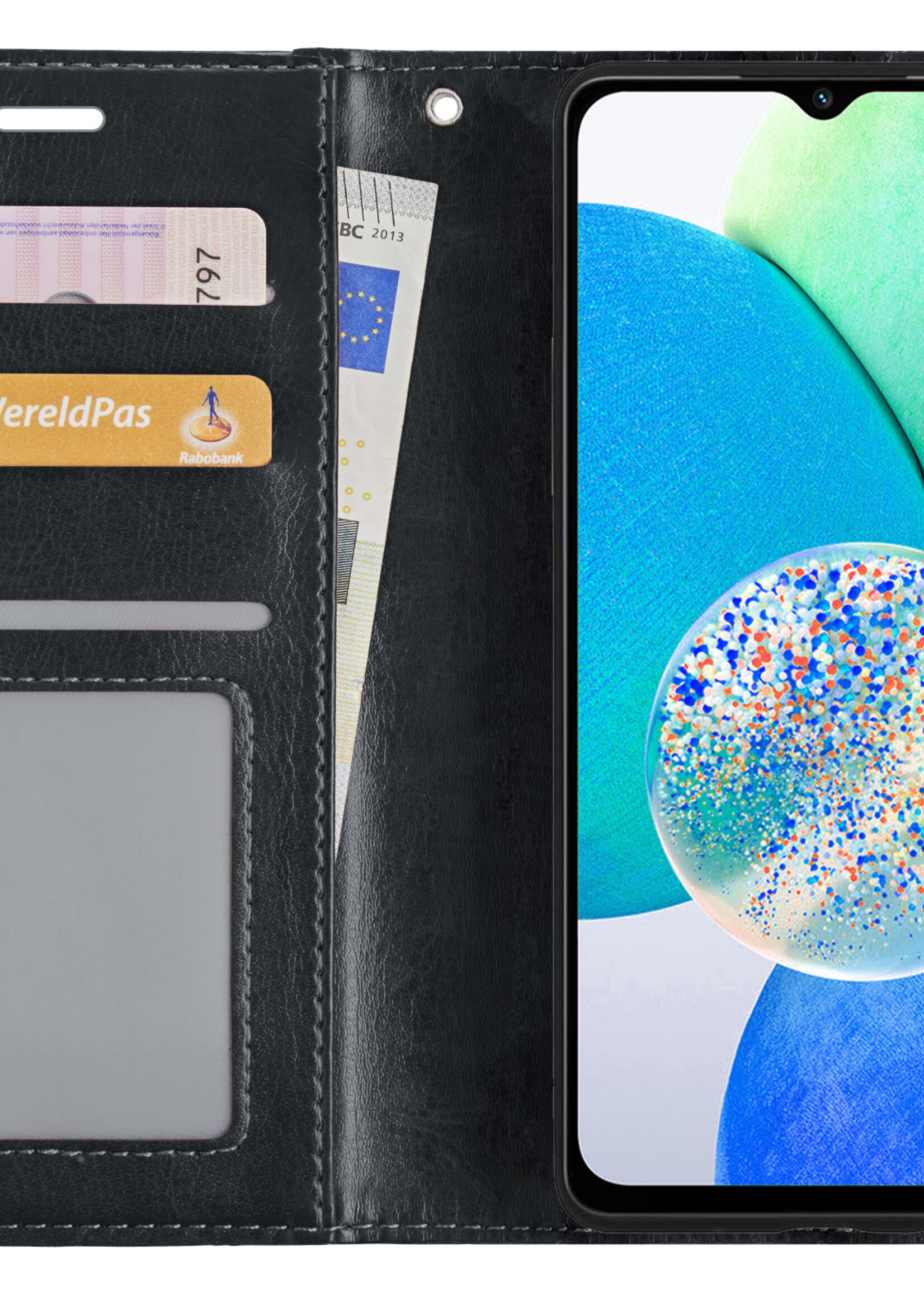 LUQ Hoesje Geschikt voor Samsung A14 Hoesje Book Case Hoes Wallet Cover Met Screenprotector - Hoes Geschikt voor Samsung Galaxy A14 Hoesje Bookcase Hoes - Zwart