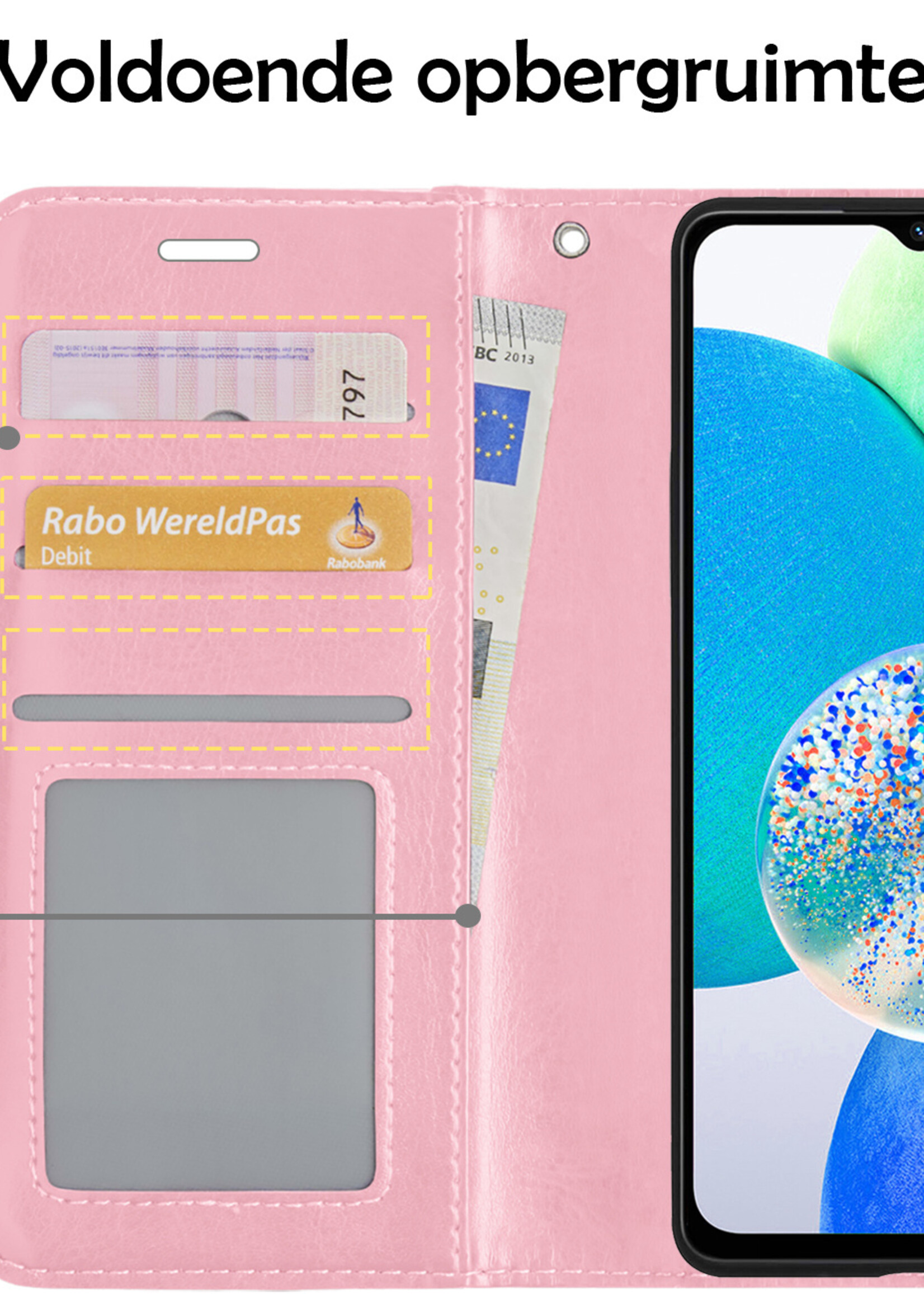 LUQ Hoesje Geschikt voor Samsung A14 Hoesje Book Case Hoes Wallet Cover Met 2x Screenprotector - Hoes Geschikt voor Samsung Galaxy A14 Hoesje Bookcase Hoes - Lichtroze