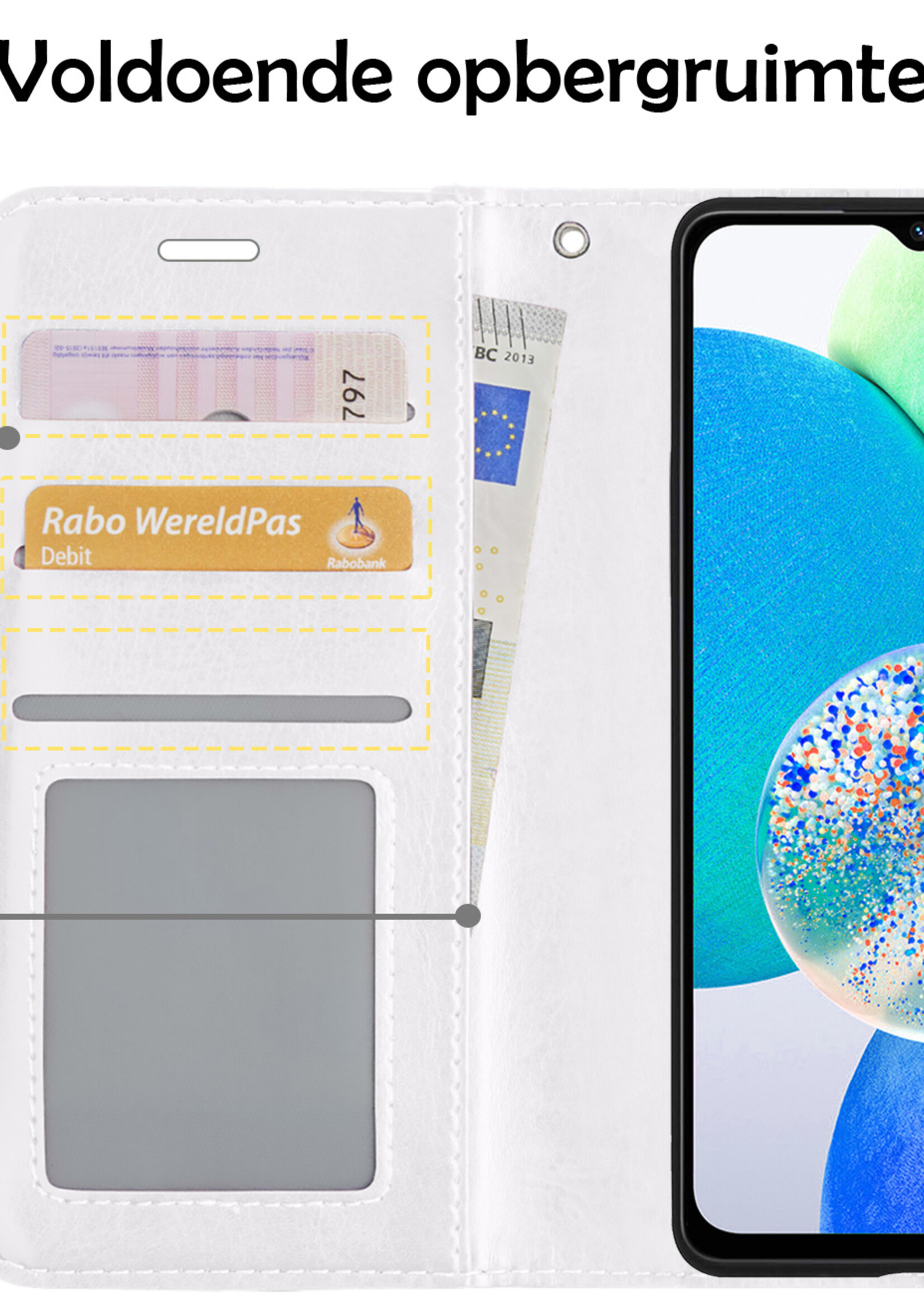 LUQ Hoesje Geschikt voor Samsung A14 Hoesje Book Case Hoes Wallet Cover Met 2x Screenprotector - Hoes Geschikt voor Samsung Galaxy A14 Hoesje Bookcase Hoes - Wit