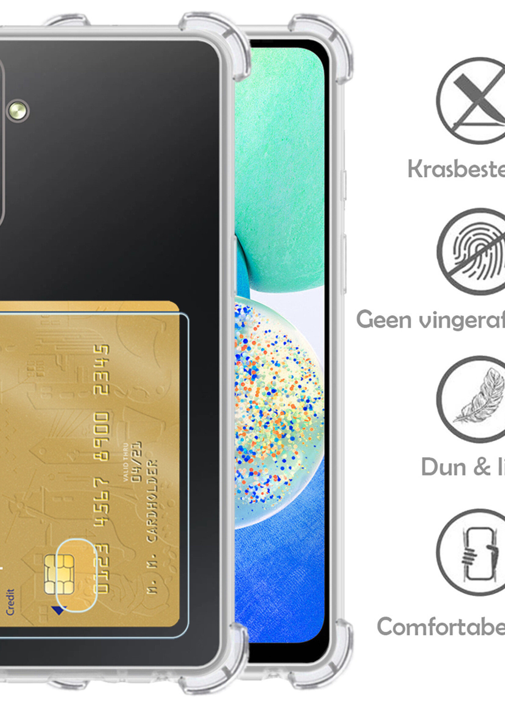 LUQ Hoesje Geschikt voor Samsung A14 Hoesje Case Pashouder Cover Siliconen Met Screenprotector - Hoes Geschikt voor Samsung Galaxy A14 Hoesje Met Kaarthouder- Transparant