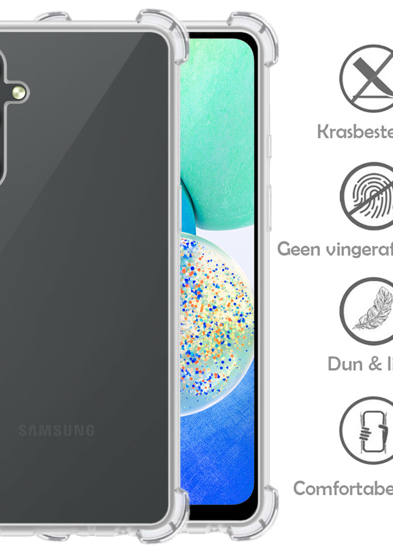 LUQ Hoesje Geschikt voor Samsung A14 Hoesje Shockproof Case Siliconen Met 2x Screenprotector - Hoes Geschikt voor Samsung Galaxy A14 Hoes Cover Siliconen - Transparant