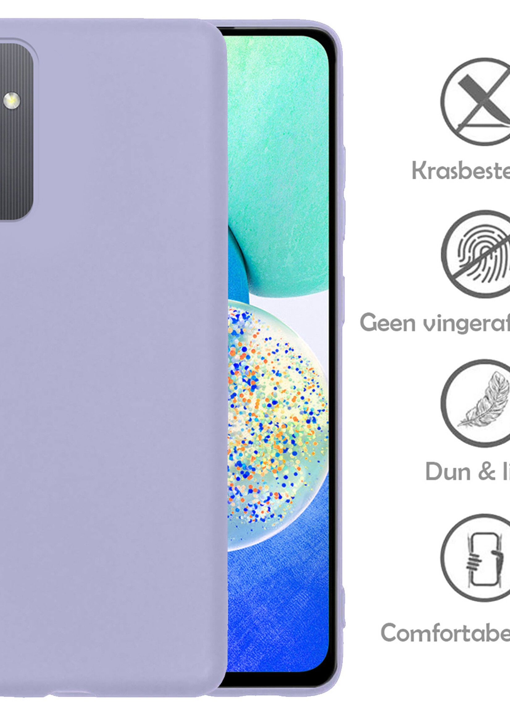 Hoesje Geschikt voor Samsung A14 Hoesje Siliconen Case Met Screenprotector - Hoes Geschikt voor Samsung Galaxy A14 Hoes Siliconen - Lila