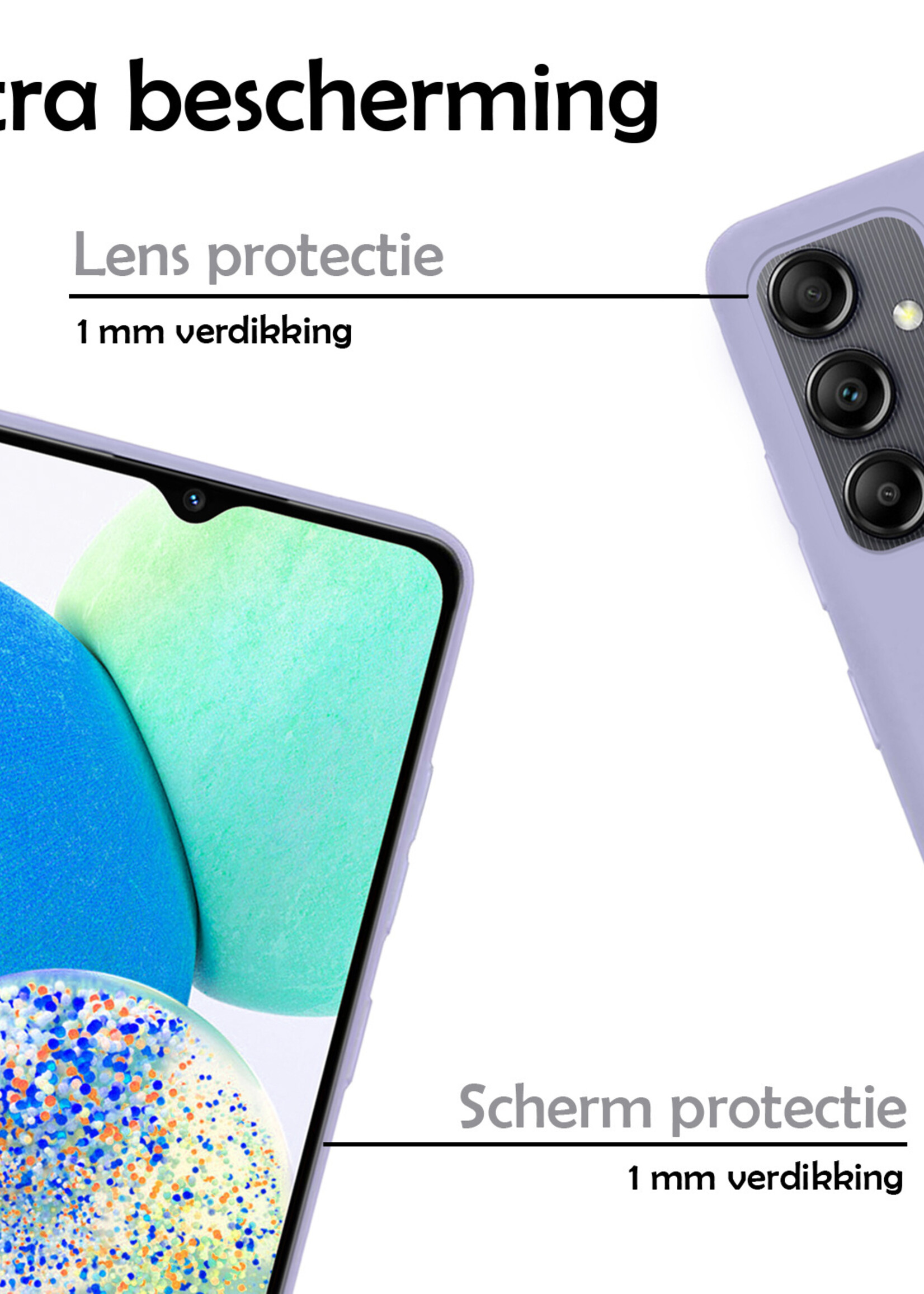 Hoesje Geschikt voor Samsung A14 Hoesje Siliconen Case Met Screenprotector - Hoes Geschikt voor Samsung Galaxy A14 Hoes Siliconen - Lila