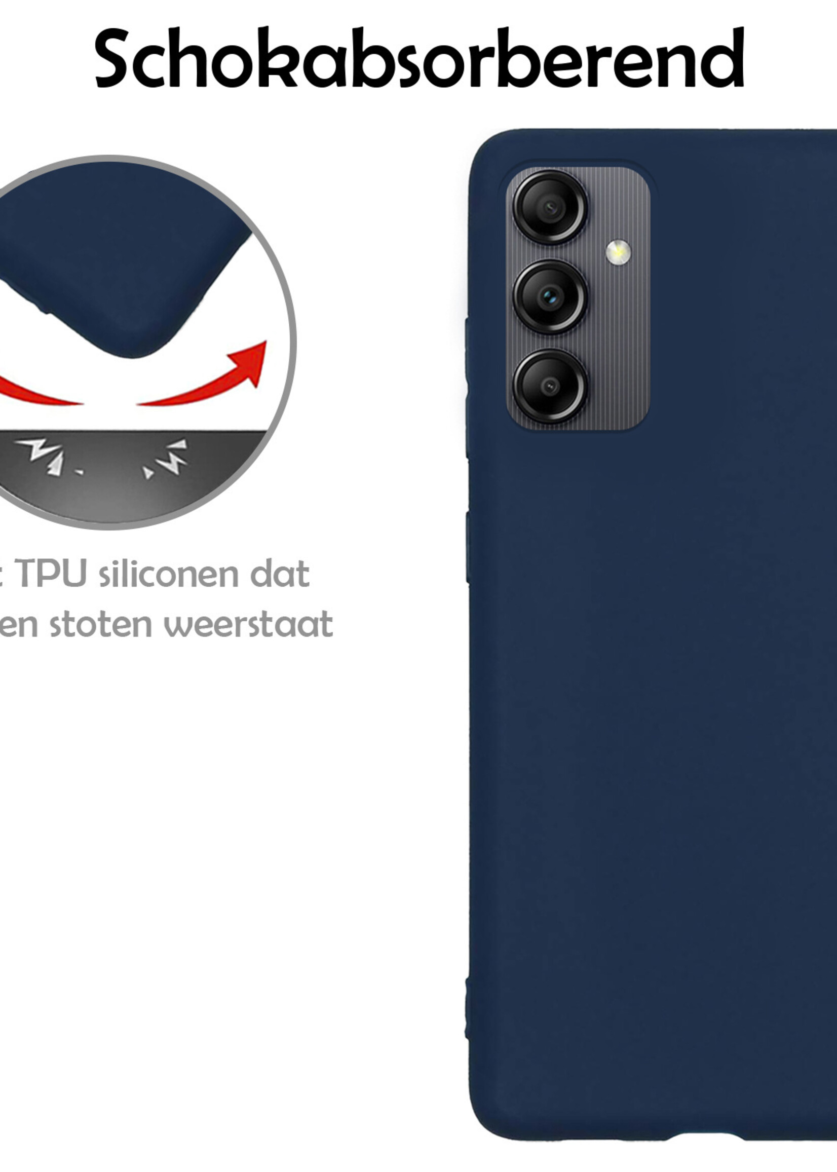 LUQ Hoesje Geschikt voor Samsung A14 Hoesje Siliconen Case Met 2x Screenprotector - Hoes Geschikt voor Samsung Galaxy A14 Hoes Siliconen - Donkerblauw