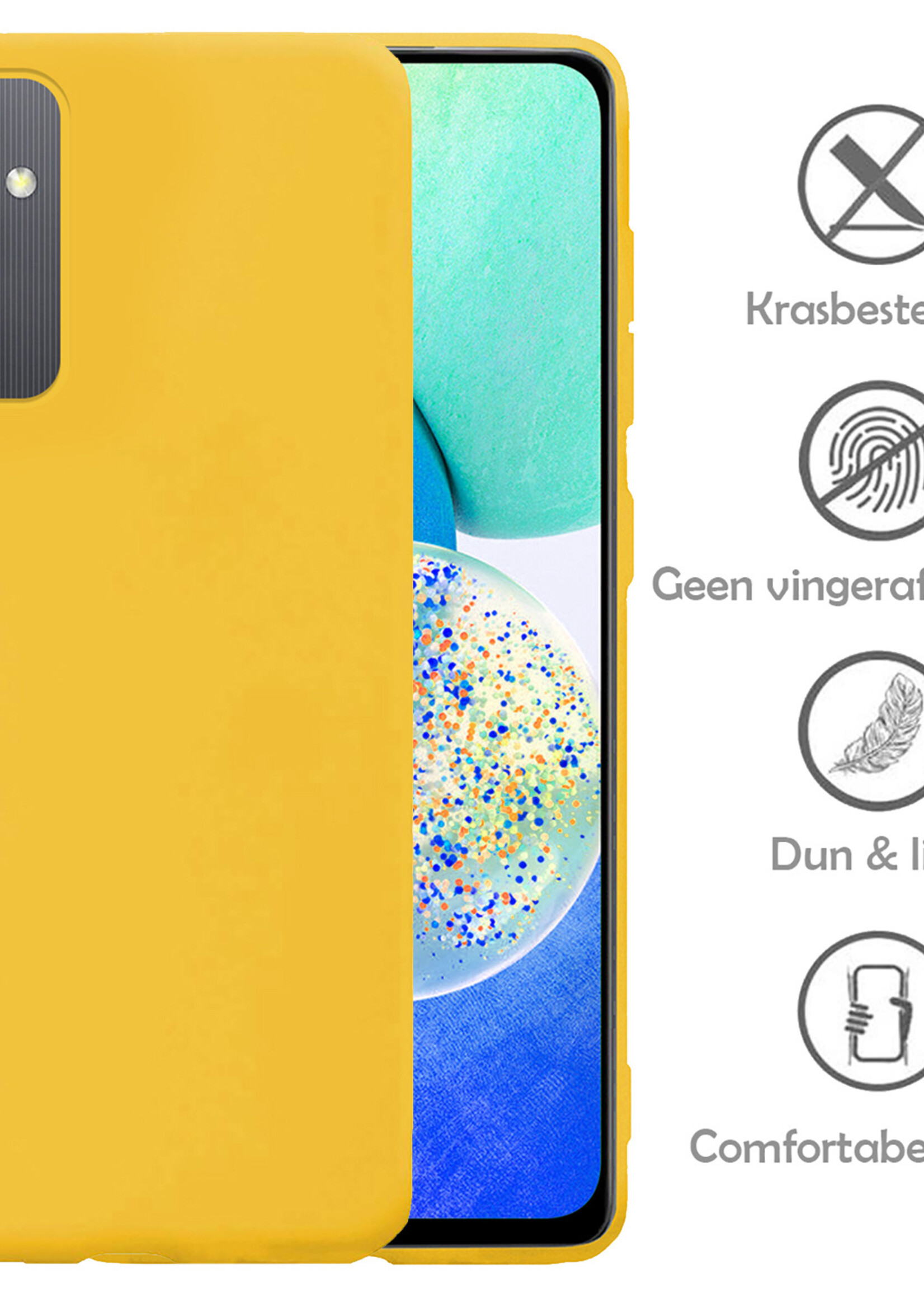 LUQ Hoesje Geschikt voor Samsung A14 Hoesje Siliconen Case Met 2x Screenprotector - Hoes Geschikt voor Samsung Galaxy A14 Hoes Siliconen - Geel