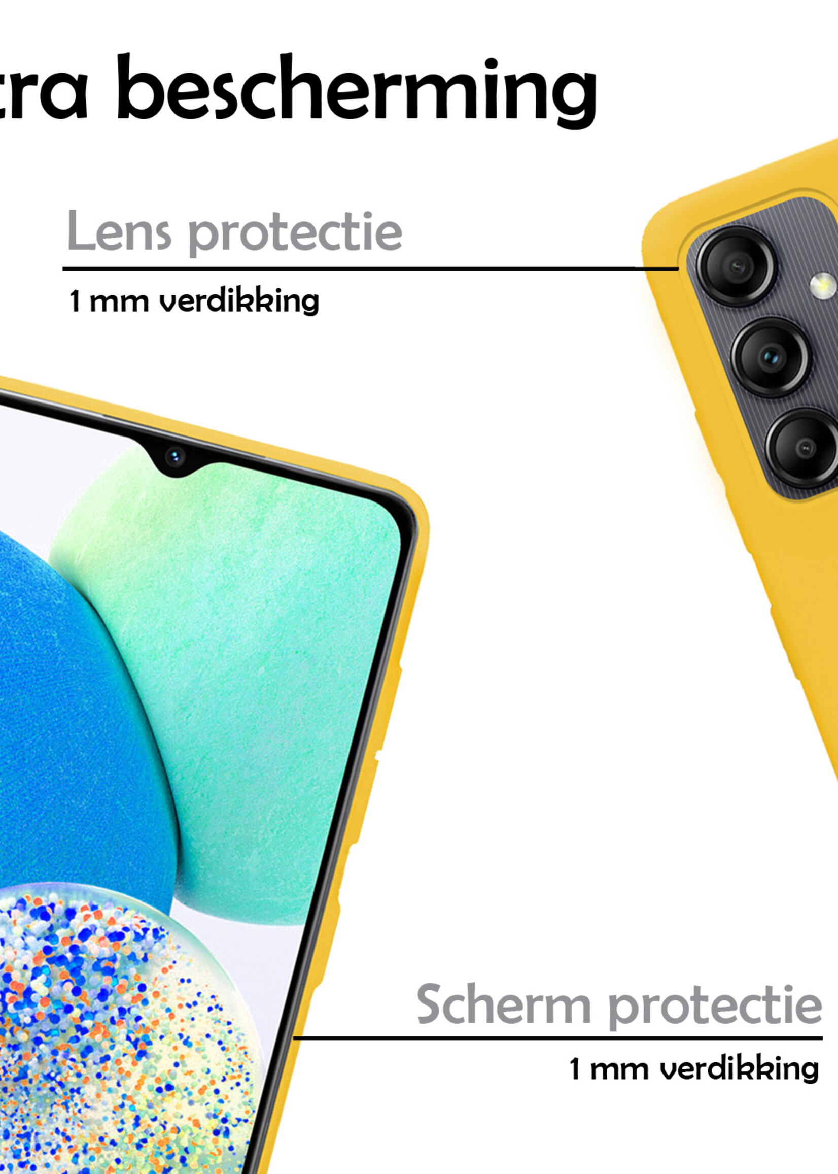 LUQ Hoesje Geschikt voor Samsung A14 Hoesje Siliconen Case Met 2x Screenprotector - Hoes Geschikt voor Samsung Galaxy A14 Hoes Siliconen - Geel