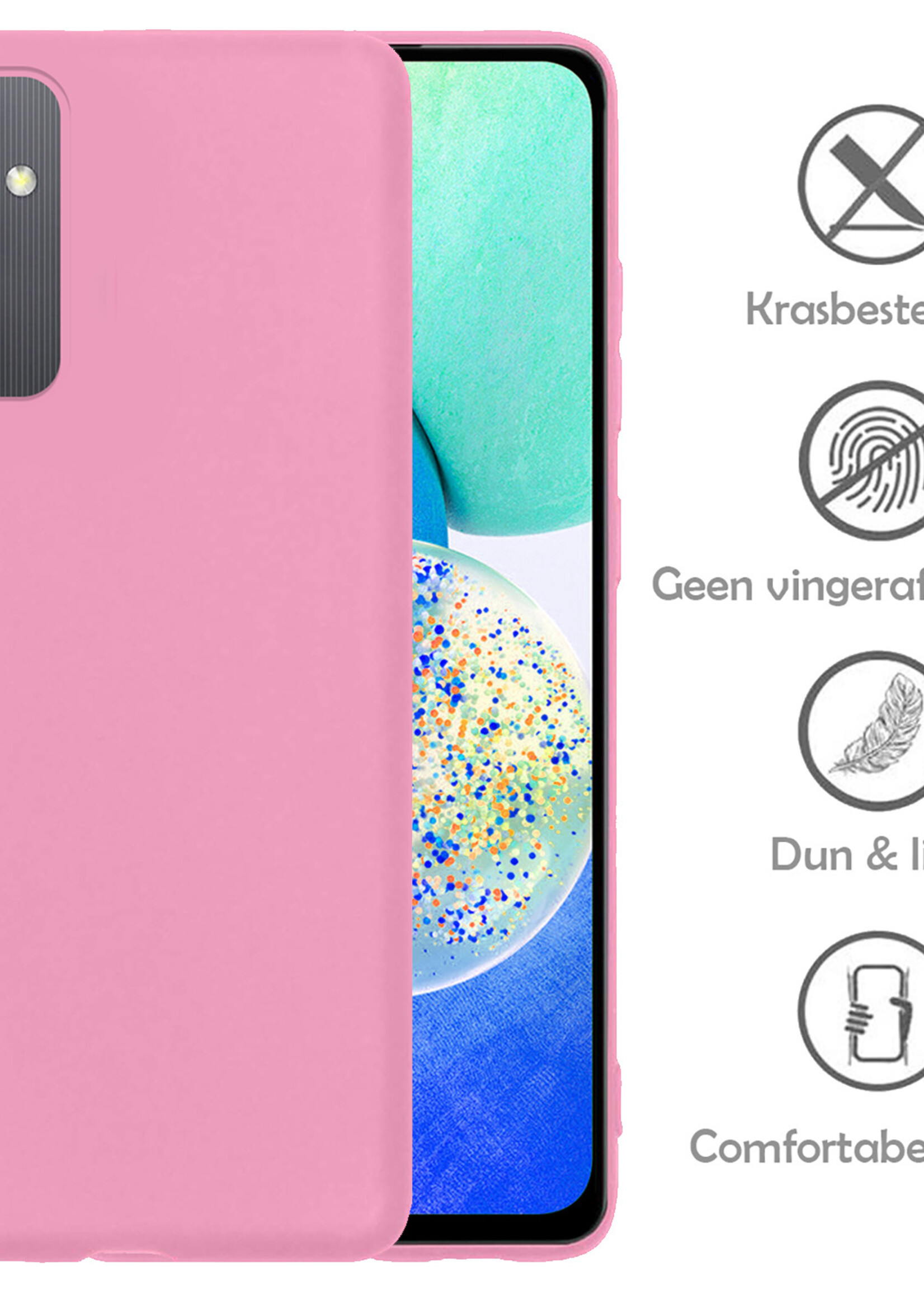 LUQ Hoesje Geschikt voor Samsung A14 Hoesje Siliconen Case Met 2x Screenprotector - Hoes Geschikt voor Samsung Galaxy A14 Hoes Siliconen - Roze
