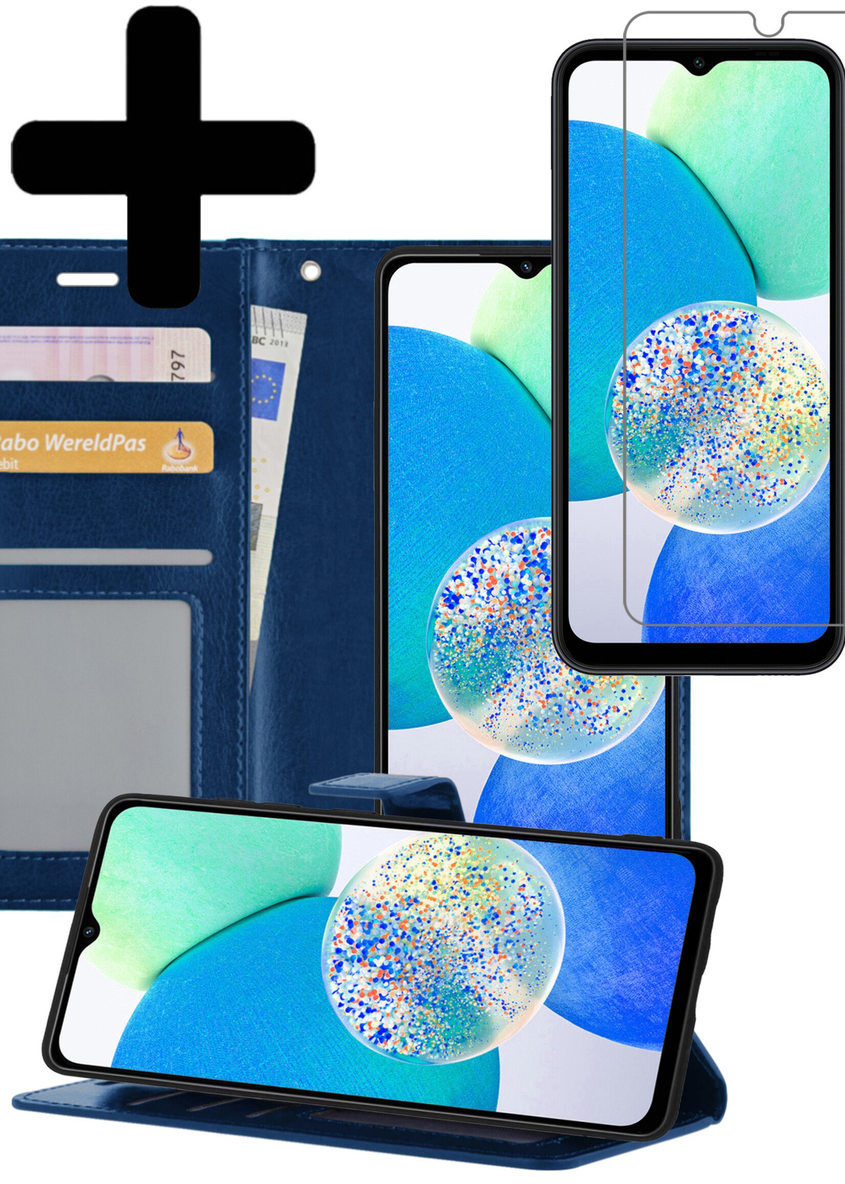 LUQ Hoesje Geschikt voor Samsung A14 Hoesje Book Case Hoes Wallet Cover Met Screenprotector - Hoes Geschikt voor Samsung Galaxy A14 Hoesje Bookcase Hoes - Donkerblauw