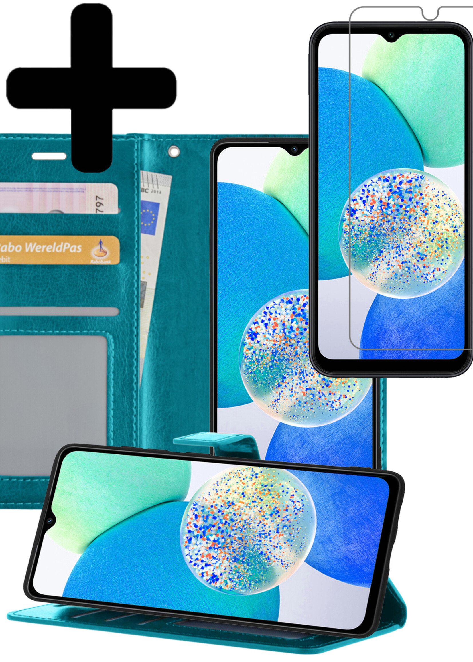 LUQ Hoesje Geschikt voor Samsung A14 Hoesje Book Case Hoes Wallet Cover Met Screenprotector - Hoes Geschikt voor Samsung Galaxy A14 Hoesje Bookcase Hoes - Turquoise