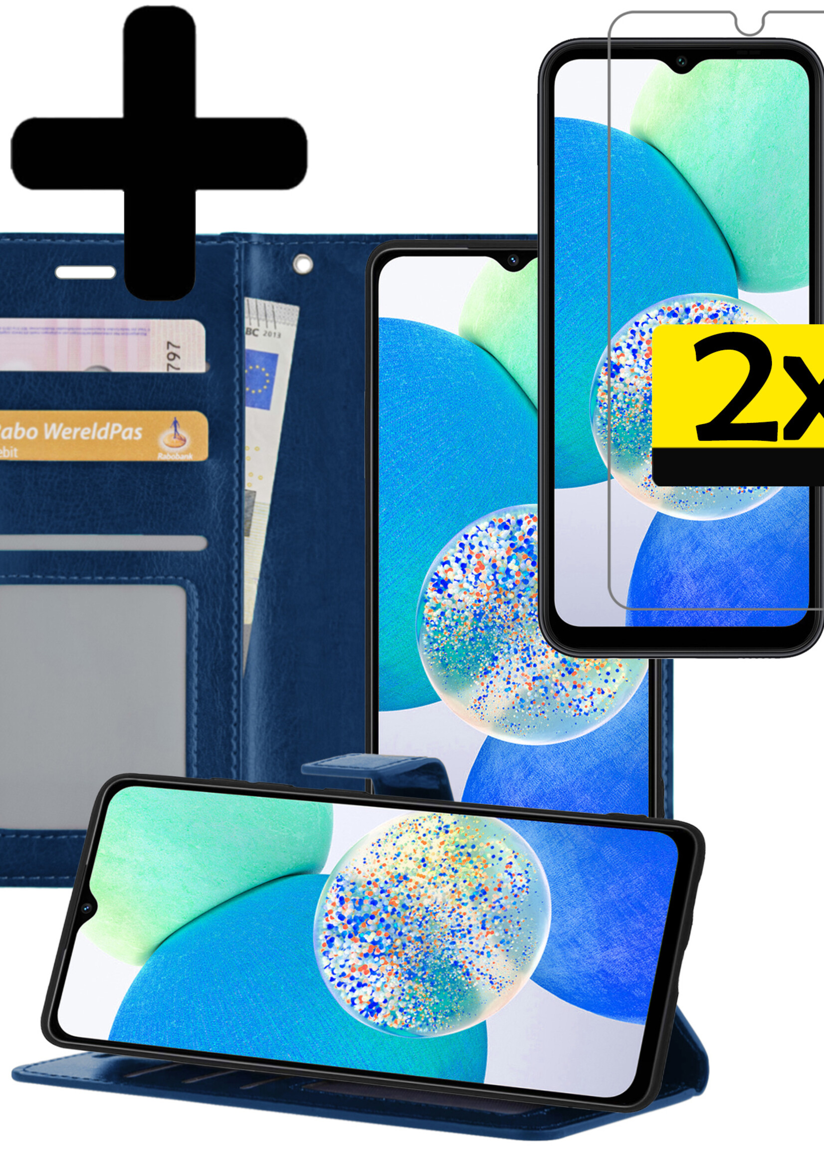 LUQ Hoesje Geschikt voor Samsung A14 Hoesje Book Case Hoes Wallet Cover Met 2x Screenprotector - Hoes Geschikt voor Samsung Galaxy A14 Hoesje Bookcase Hoes - Donkerblauw