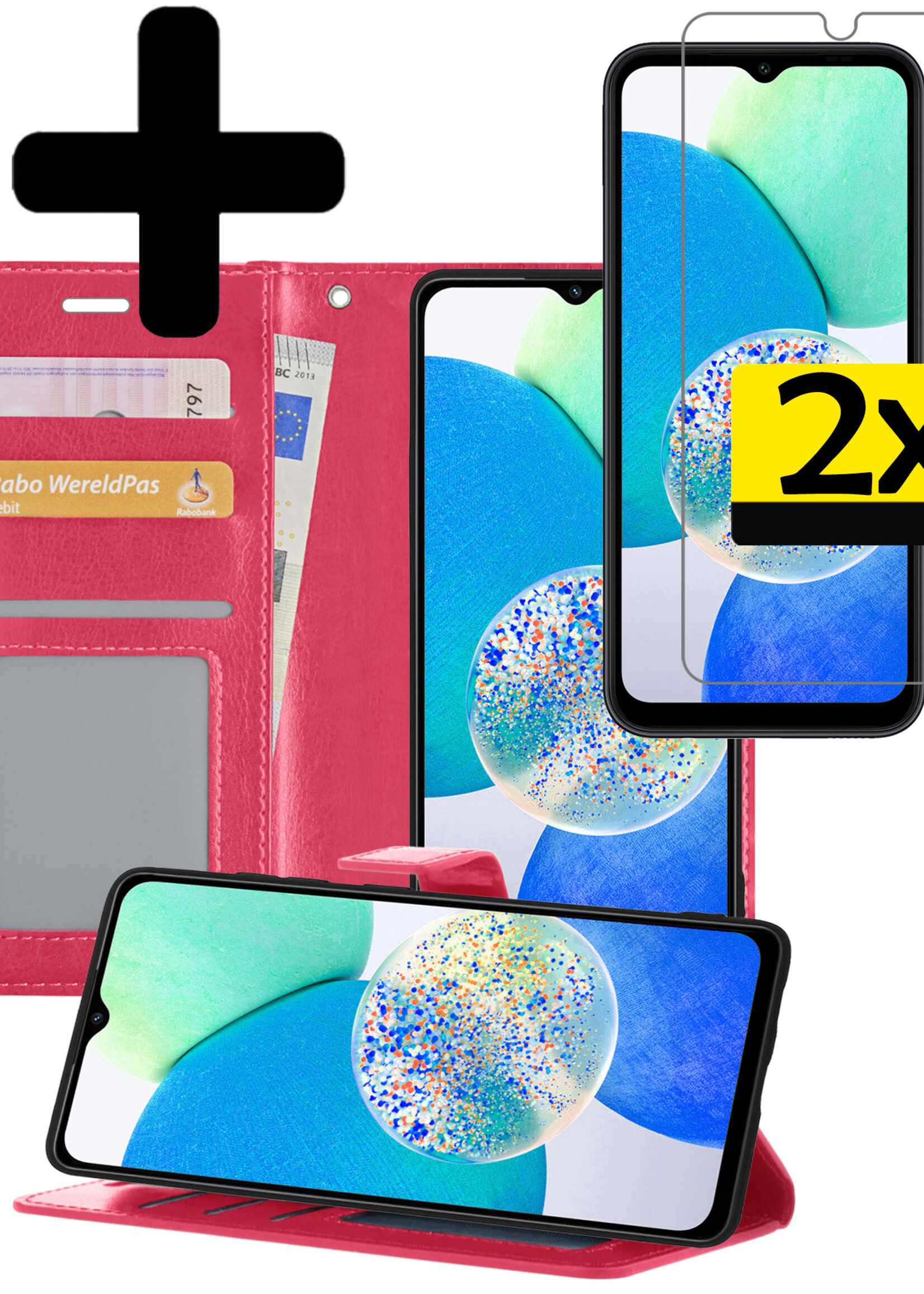 LUQ Hoesje Geschikt voor Samsung A14 Hoesje Book Case Hoes Wallet Cover Met 2x Screenprotector - Hoes Geschikt voor Samsung Galaxy A14 Hoesje Bookcase Hoes - Donkerroze