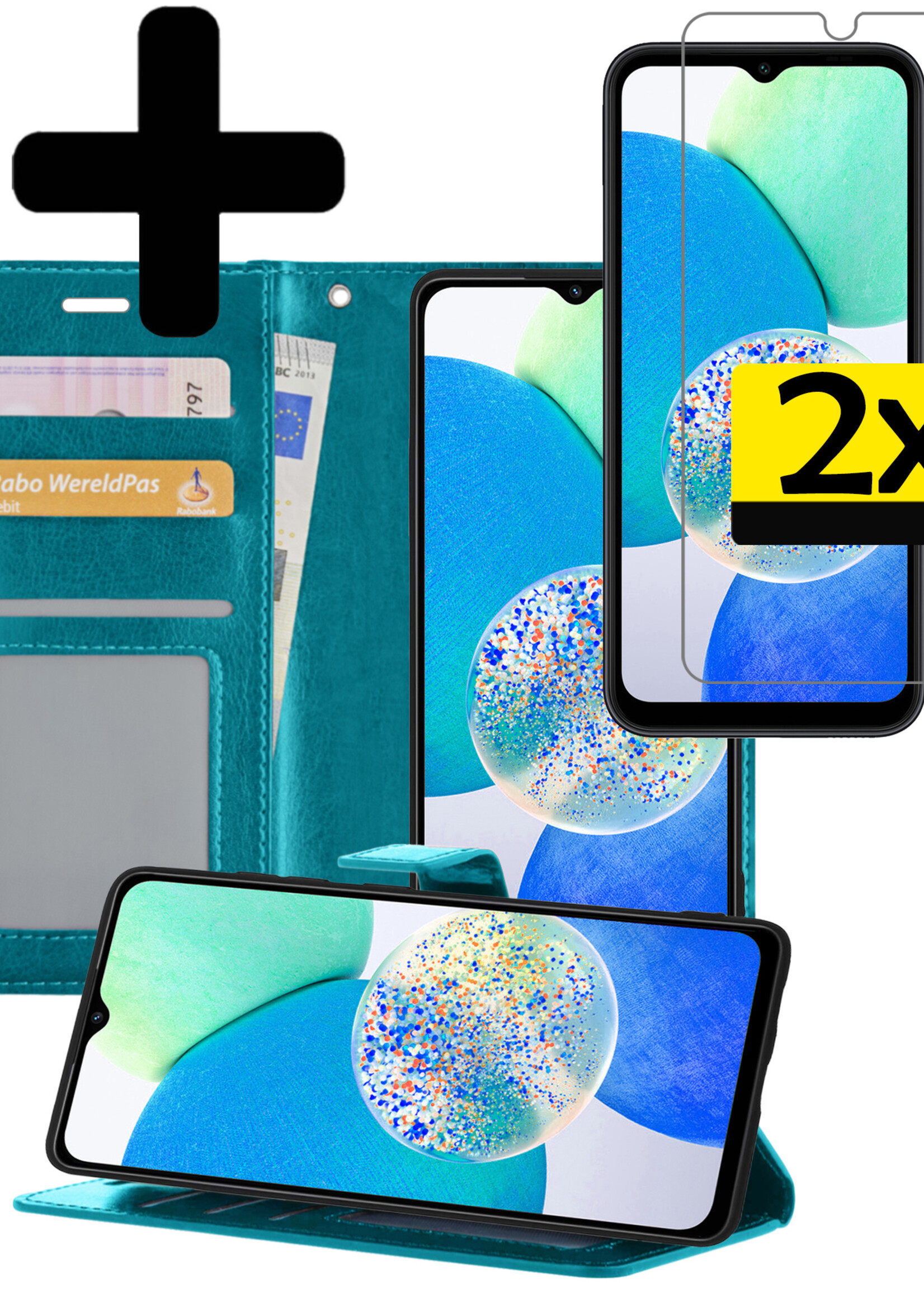 LUQ Hoesje Geschikt voor Samsung A14 Hoesje Book Case Hoes Wallet Cover Met 2x Screenprotector - Hoes Geschikt voor Samsung Galaxy A14 Hoesje Bookcase Hoes - Turquoise