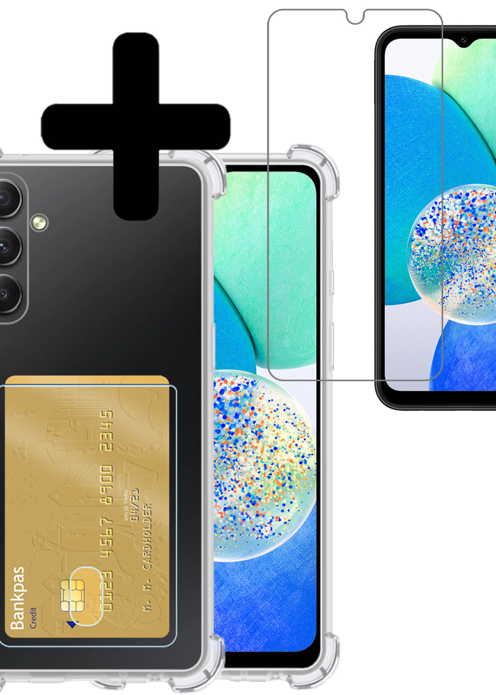 LUQ Hoesje Geschikt voor Samsung A14 Hoesje Case Pashouder Cover Siliconen Met Screenprotector - Hoes Geschikt voor Samsung Galaxy A14 Hoesje Met Kaarthouder- Transparant