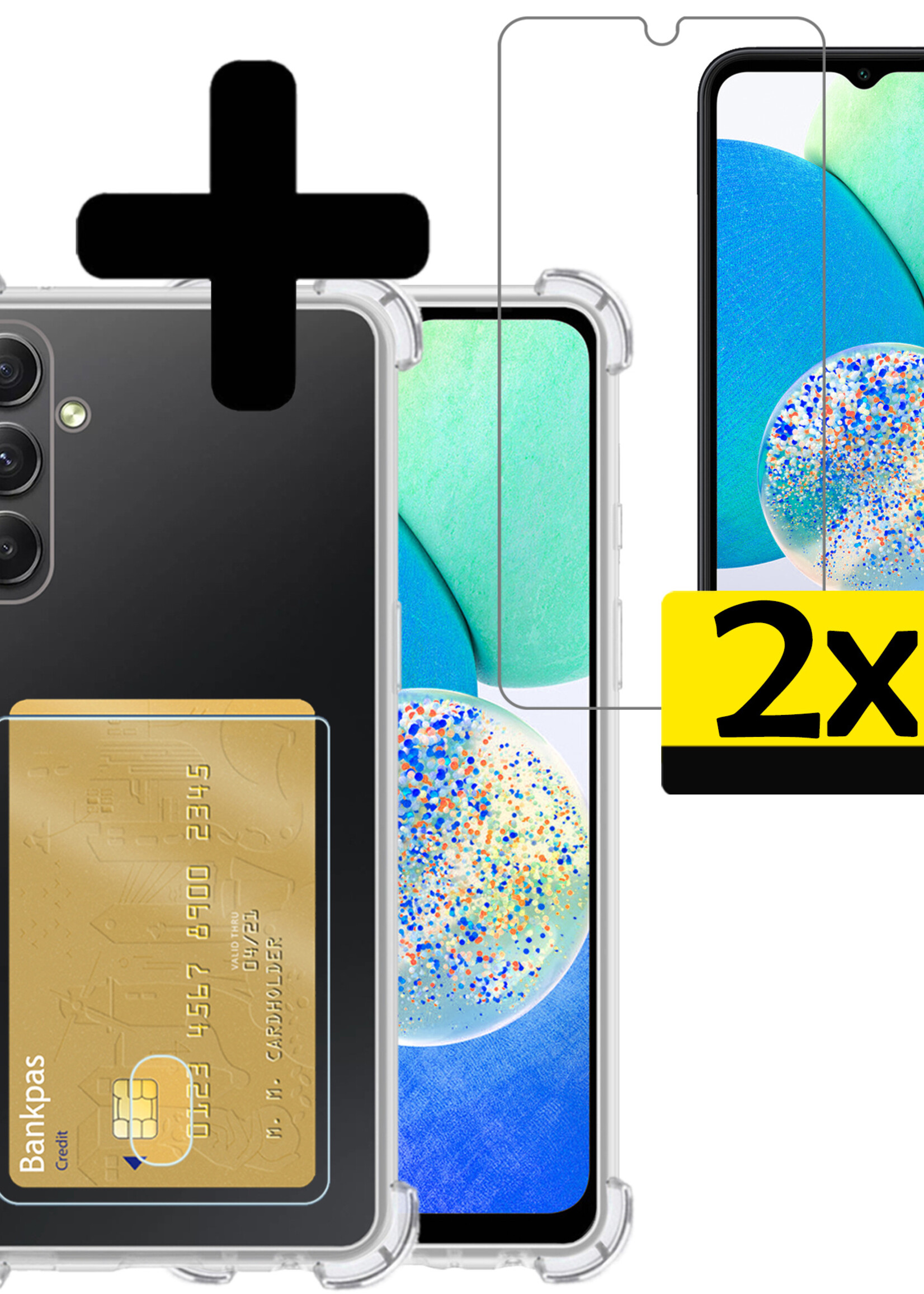 LUQ Hoesje Geschikt voor Samsung A14 Hoesje Case Pashouder Cover Siliconen Met 2x Screenprotector - Hoes Geschikt voor Samsung Galaxy A14 Hoesje Met Kaarthouder- Transparant