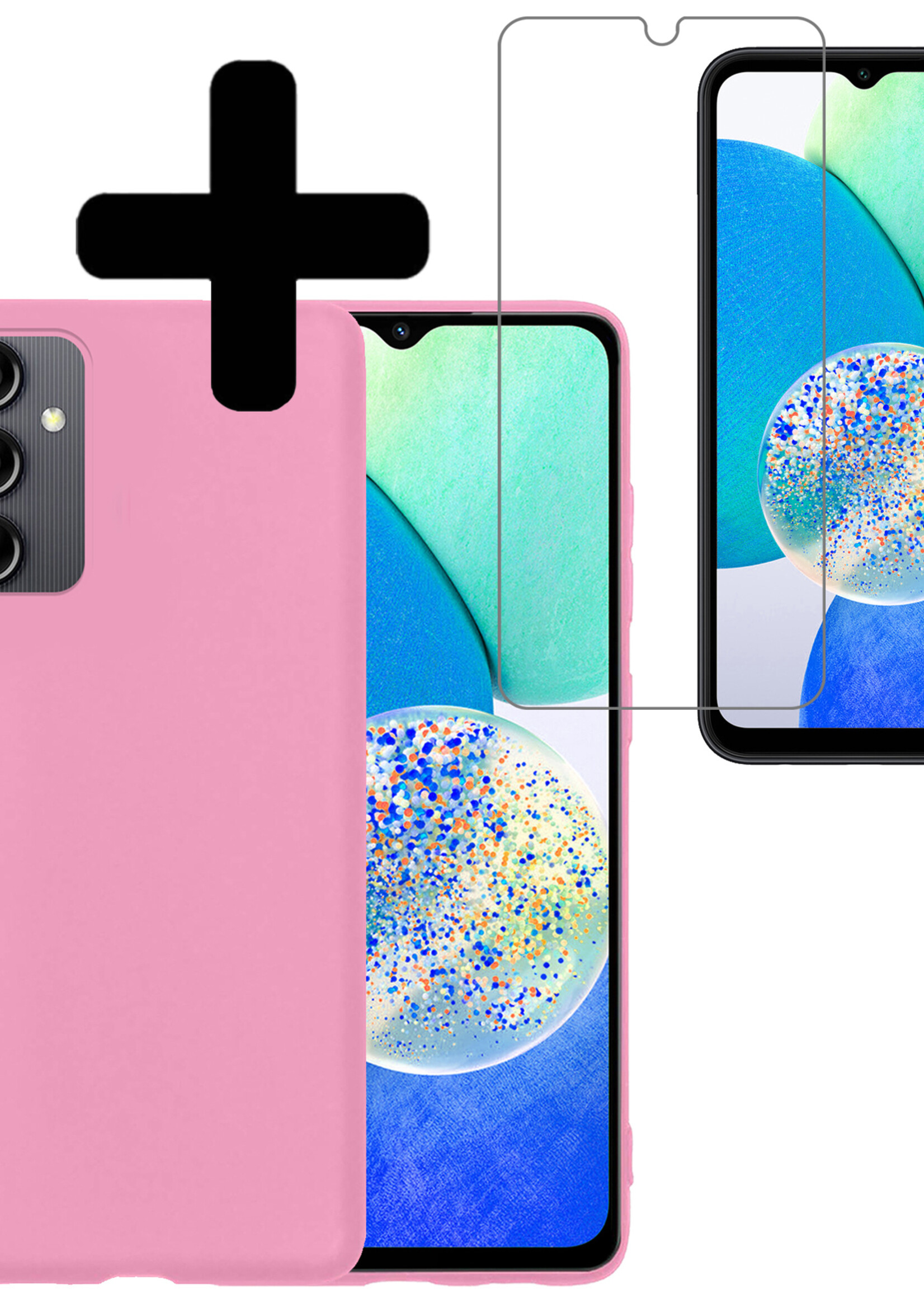 LUQ Hoesje Geschikt voor Samsung A14 Hoesje Siliconen Case Met Screenprotector - Hoes Geschikt voor Samsung Galaxy A14 Hoes Siliconen - Roze