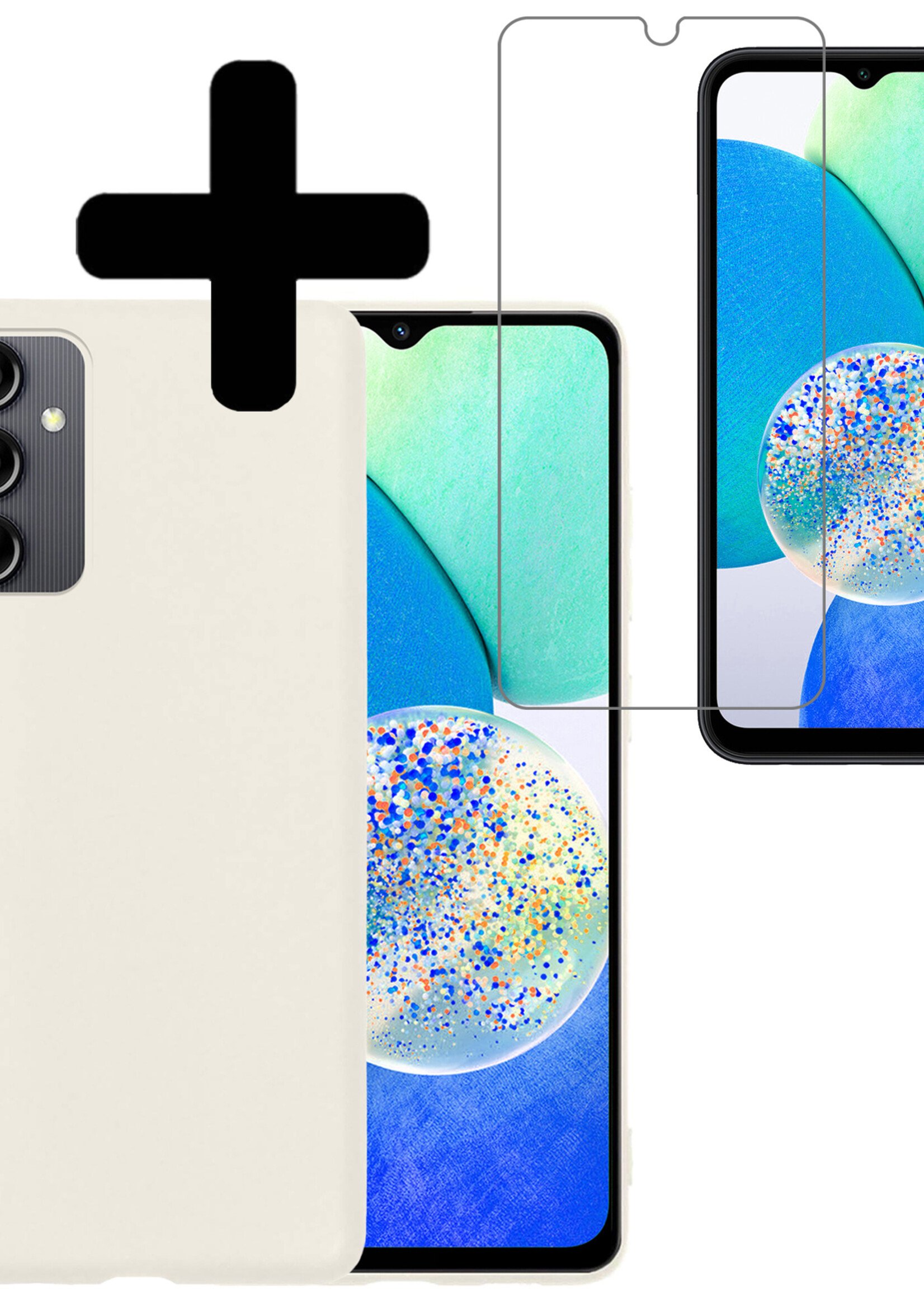 Hoesje Geschikt voor Samsung A14 Hoesje Siliconen Case Met Screenprotector - Hoes Geschikt voor Samsung Galaxy A14 Hoes Siliconen - Wit